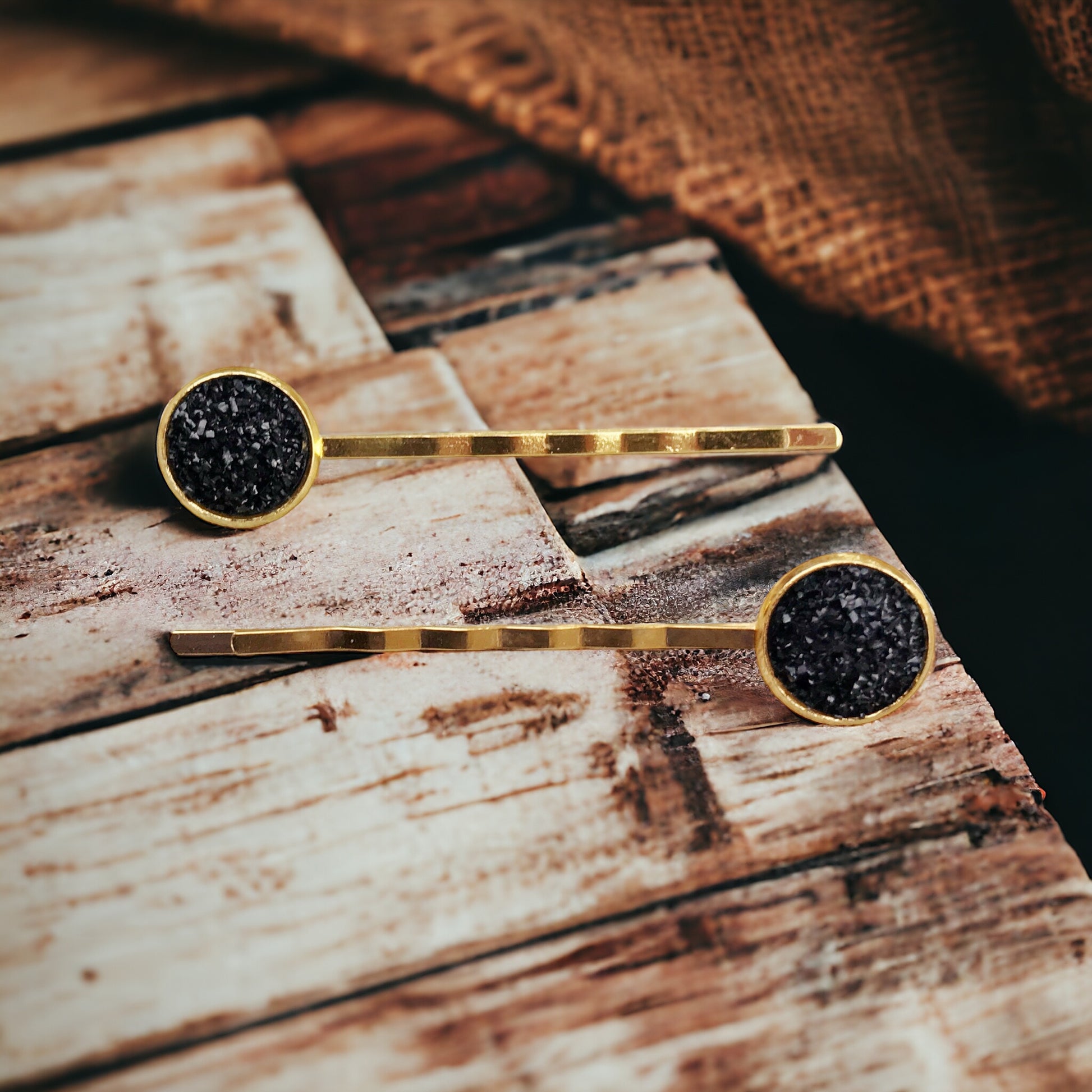 Black & Gold Druzy Hair Pins Set of 2 - Elegant & Versatile Hair Accessories