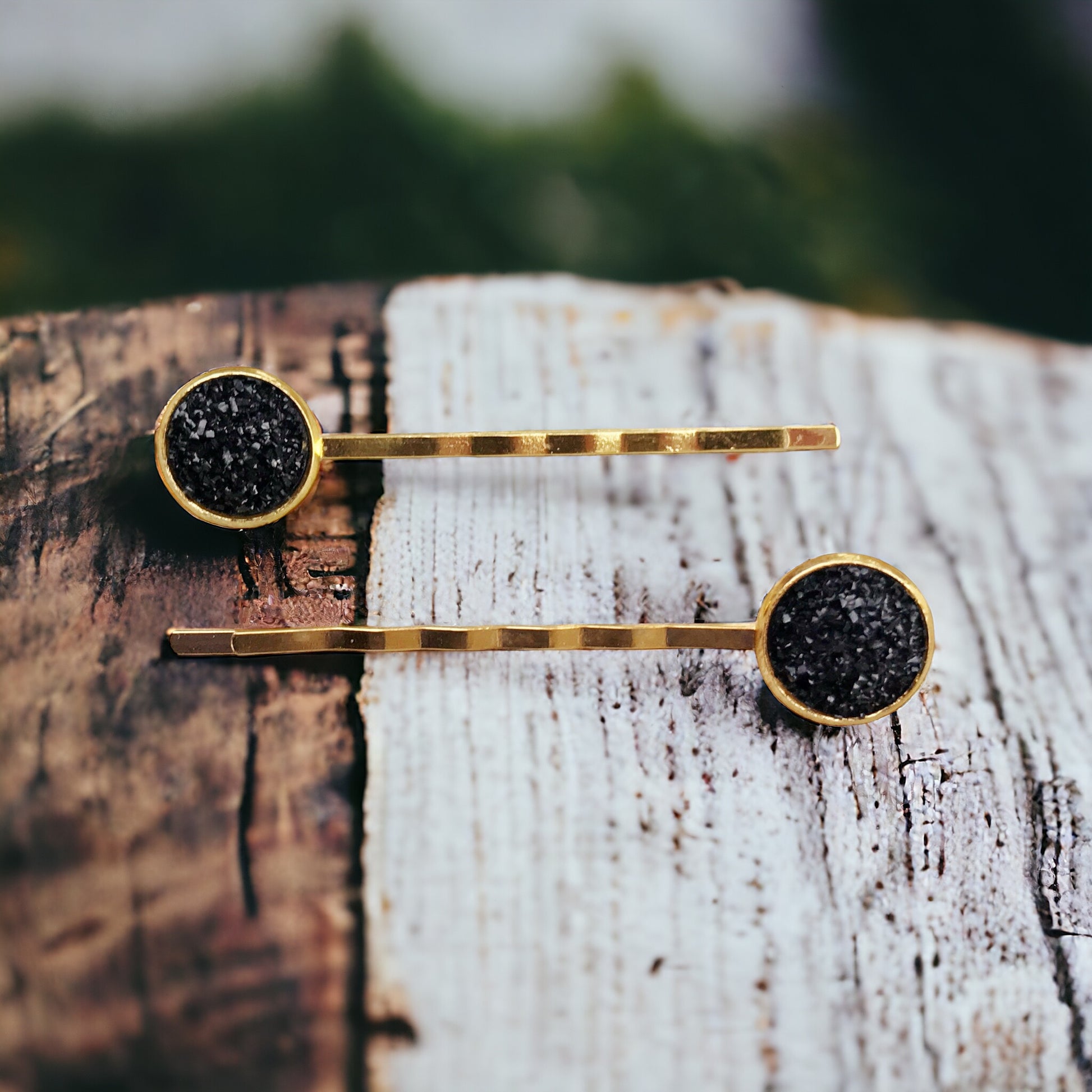 Black & Gold Druzy Hair Pins Set of 2 - Elegant & Versatile Hair Accessories