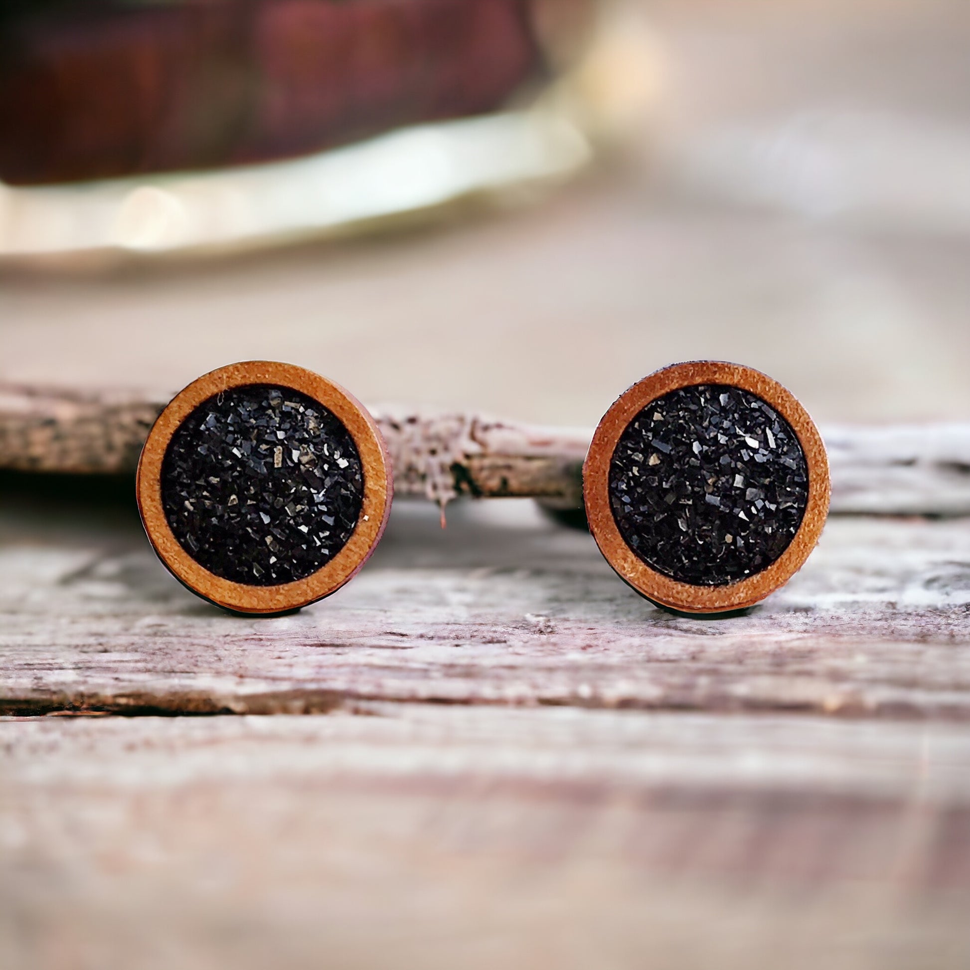 Black Druzy Wood Stud Earrings - Boho Chic Design -Statement Jewelry for Minimalist Style