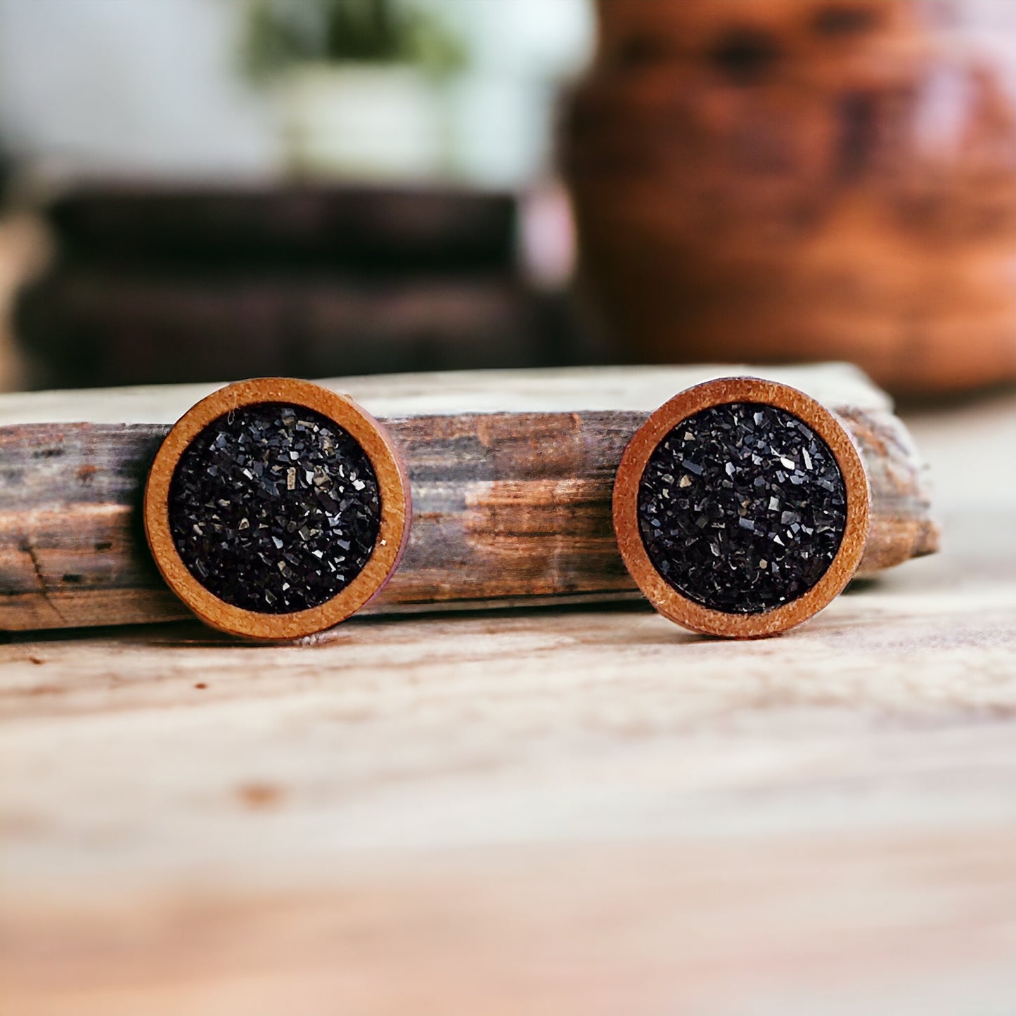 Black Druzy Wood Stud Earrings - Boho Chic Design -Statement Jewelry for Minimalist Style