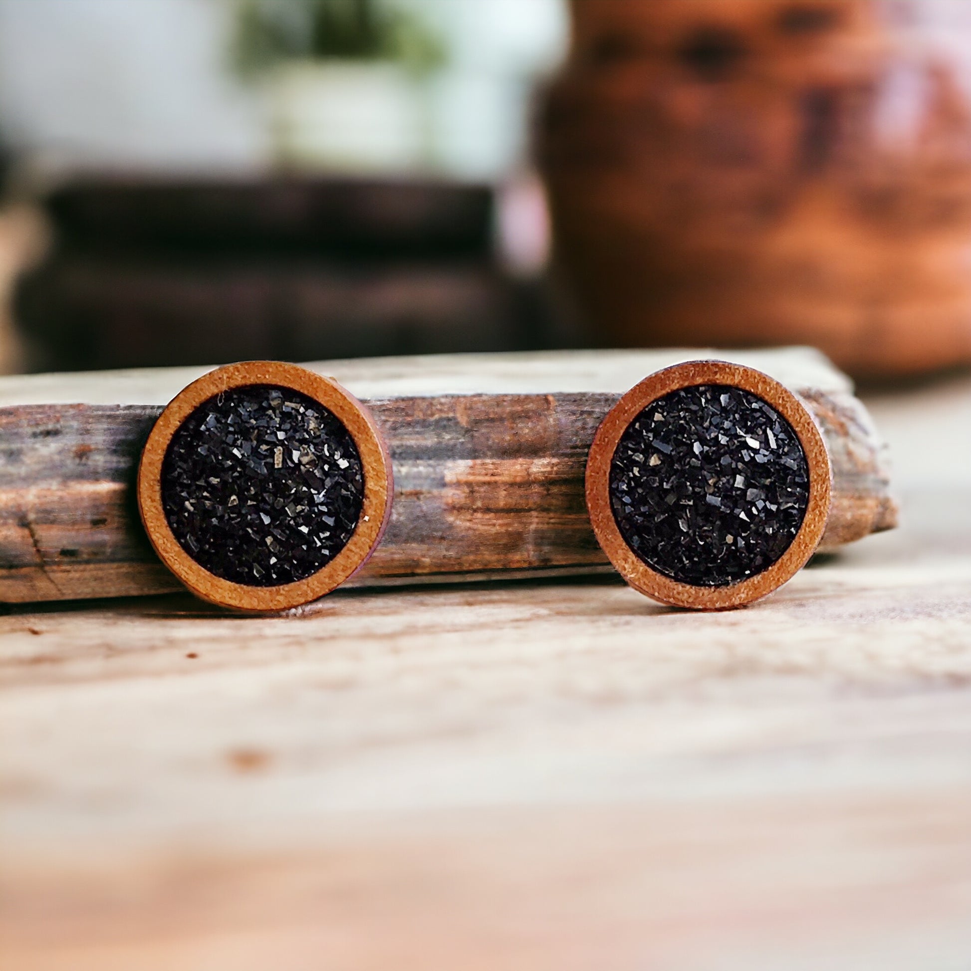 Black Druzy Wood Stud Earrings - Boho Chic Design -Statement Jewelry for Minimalist Style