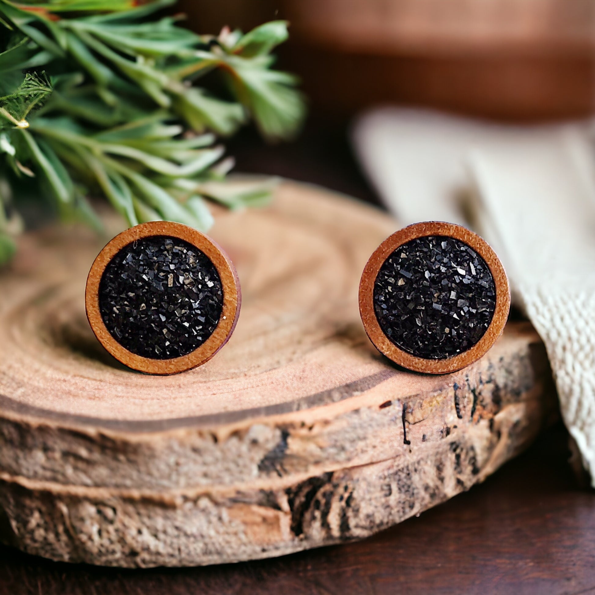 Black Druzy Wood Stud Earrings - Boho Chic Design -Statement Jewelry for Minimalist Style