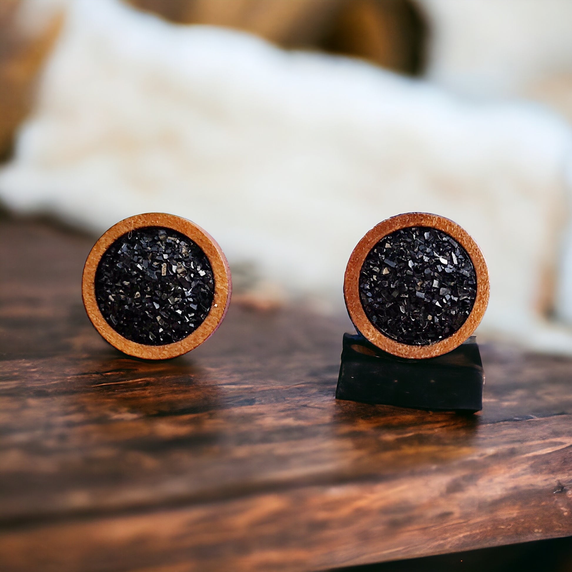 Black Druzy Wood Stud Earrings - Boho Chic Design -Statement Jewelry for Minimalist Style