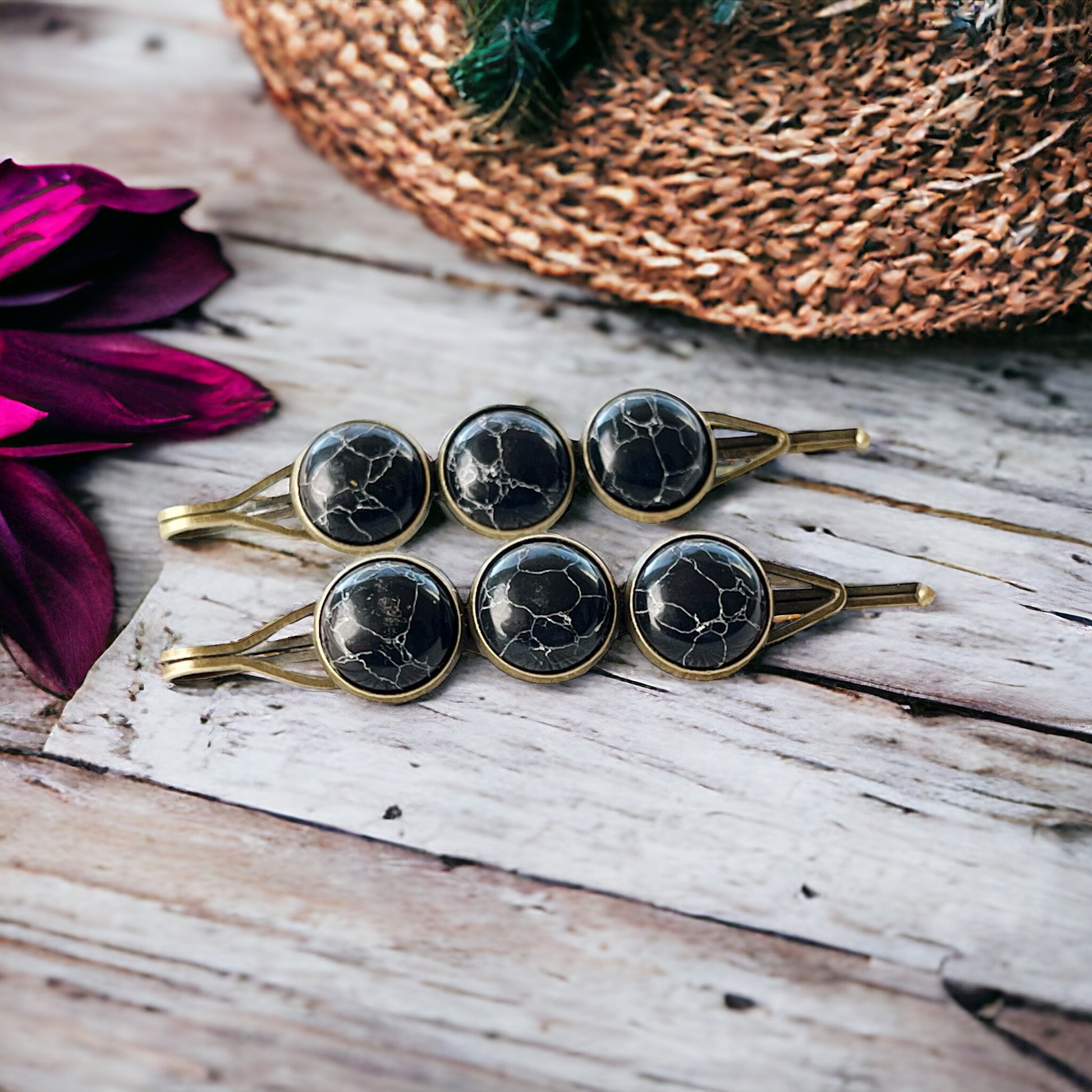 Black Marble Hair Pins – Moody Boho Stone Hair Clips in Bronze Tone