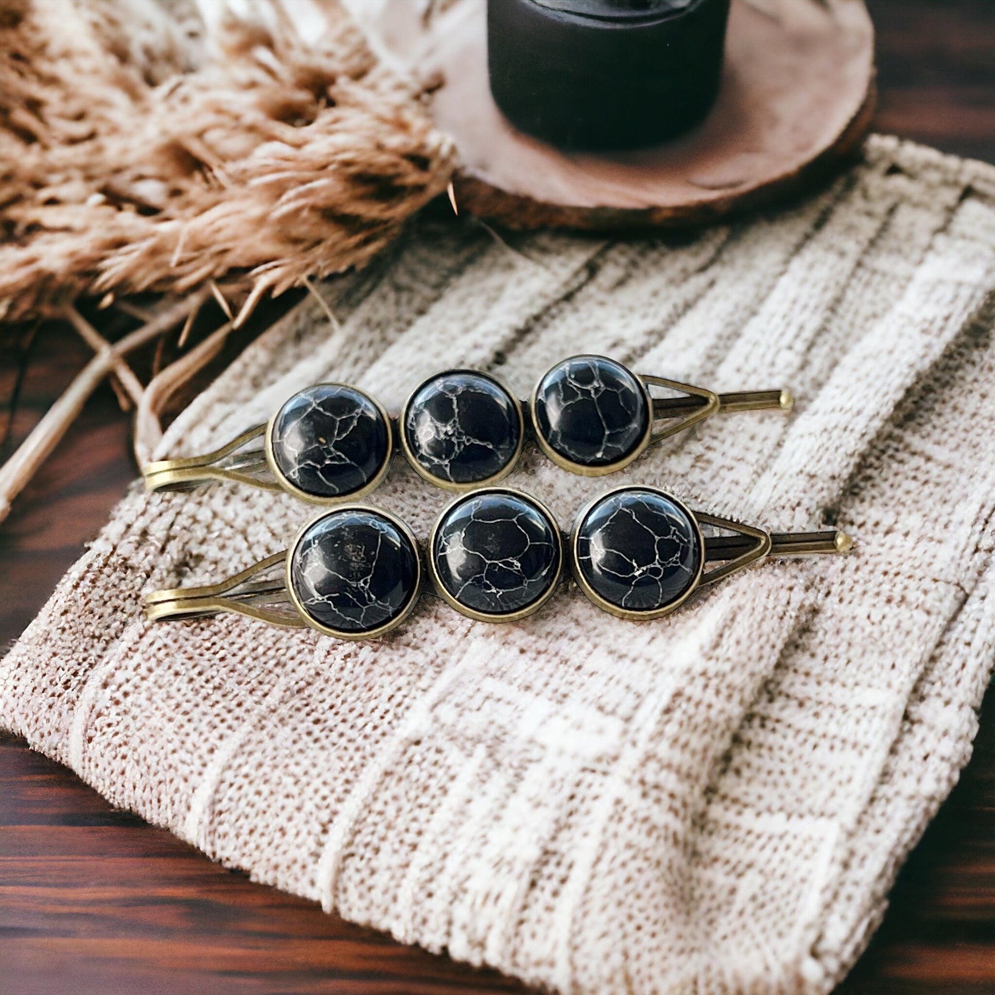 Black Marble Hair Pins – Moody Boho Stone Hair Clips in Bronze Tone