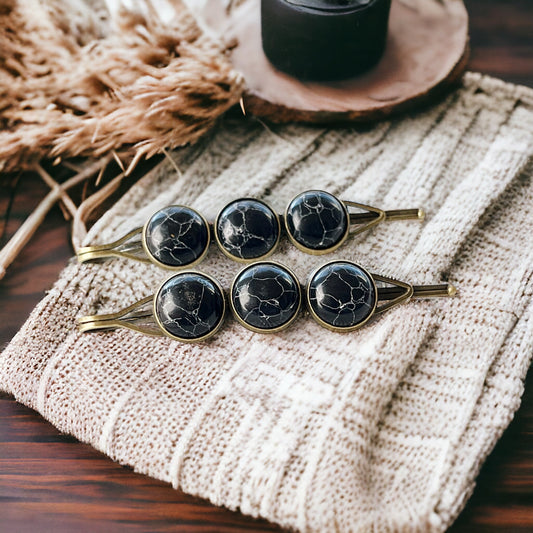 Black Marble Hair Pins – Moody Boho Stone Hair Clips in Bronze Tone