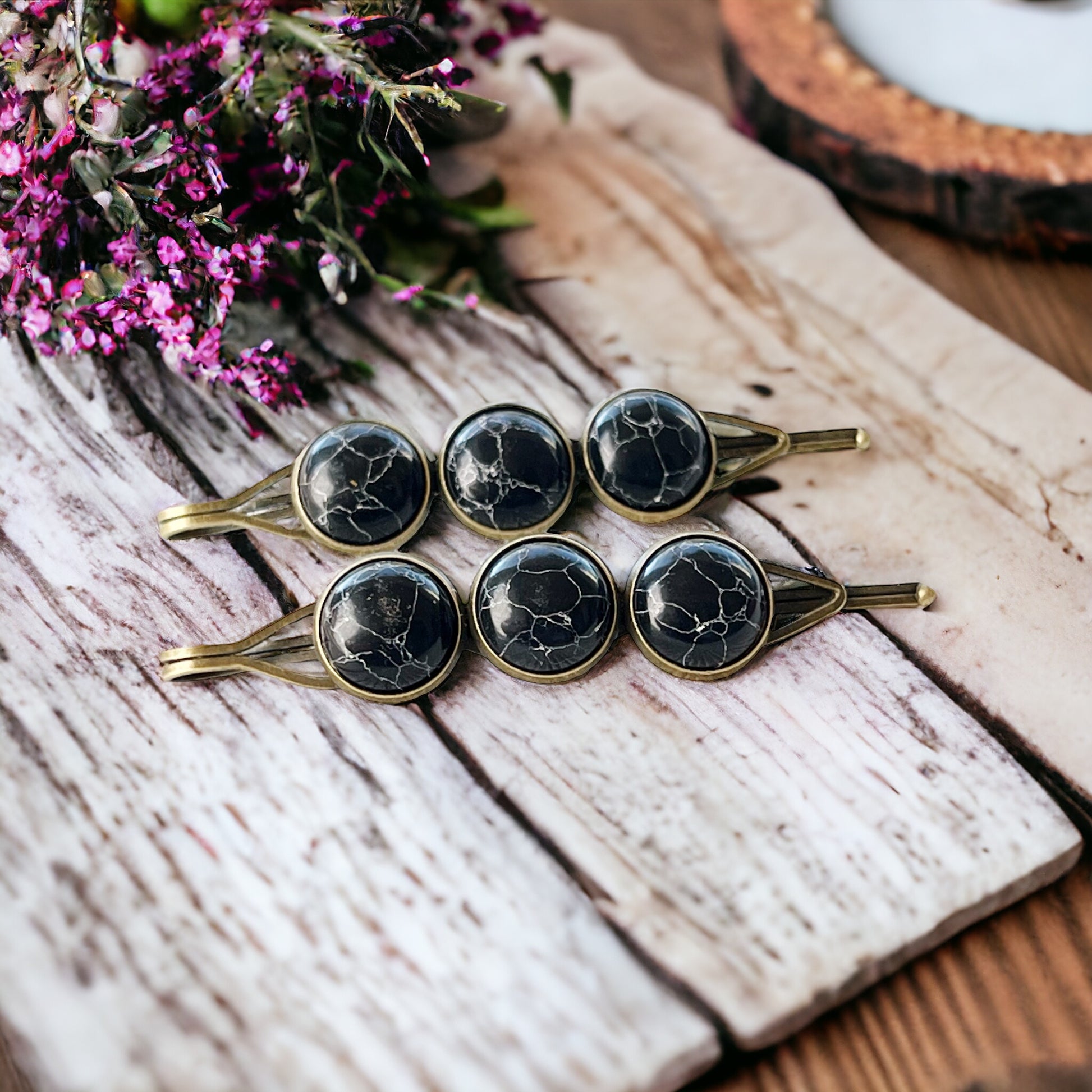 Black Marble Hair Pins – Moody Boho Stone Hair Clips in Bronze Tone