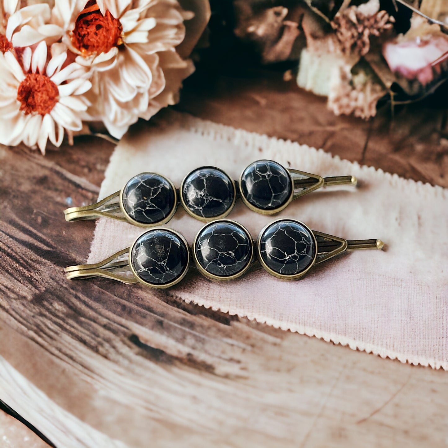 Black Marble Hair Pins – Moody Boho Stone Hair Clips in Bronze Tone