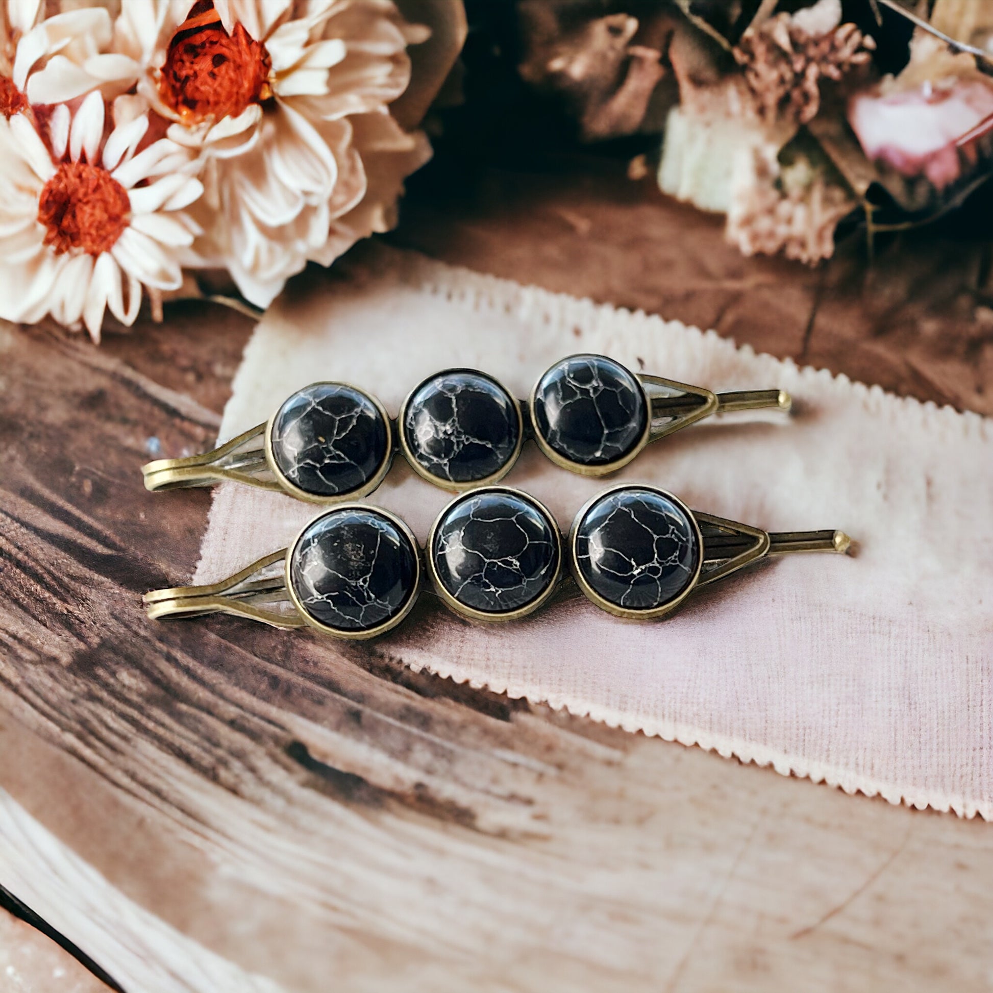 Black Marble Hair Pins – Moody Boho Stone Hair Clips in Bronze Tone