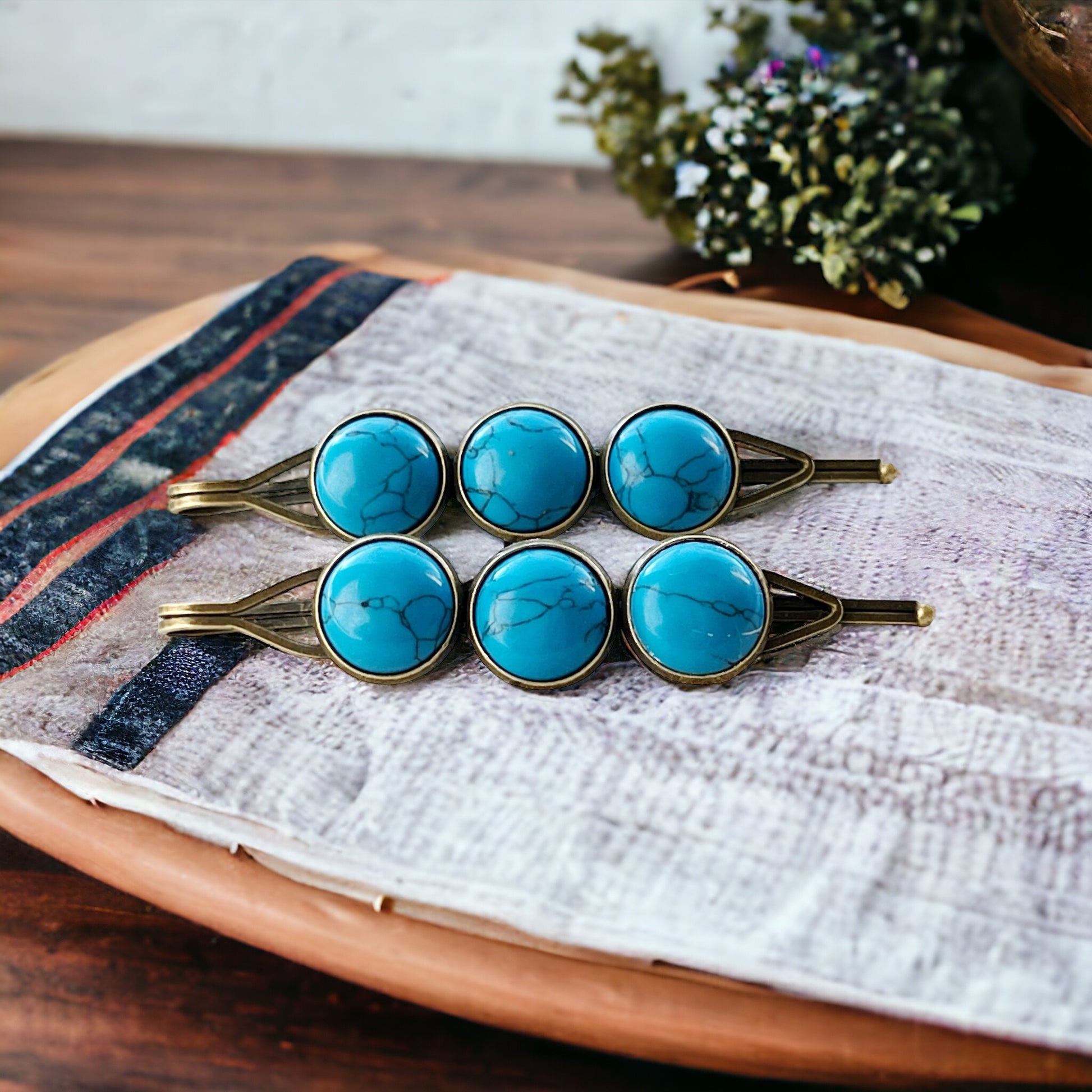 Turquoise Stone Hair Pins – Western Boho Hair Clips with Bronze Setting