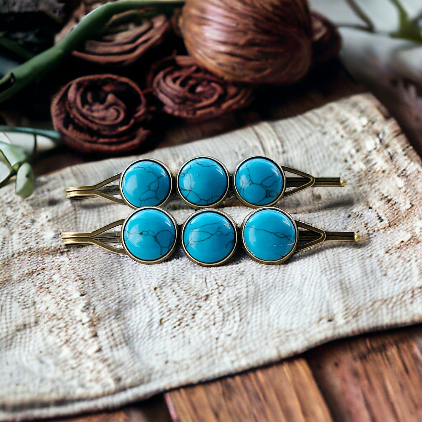 Turquoise Stone Hair Pins – Western Boho Hair Clips with Bronze Setting