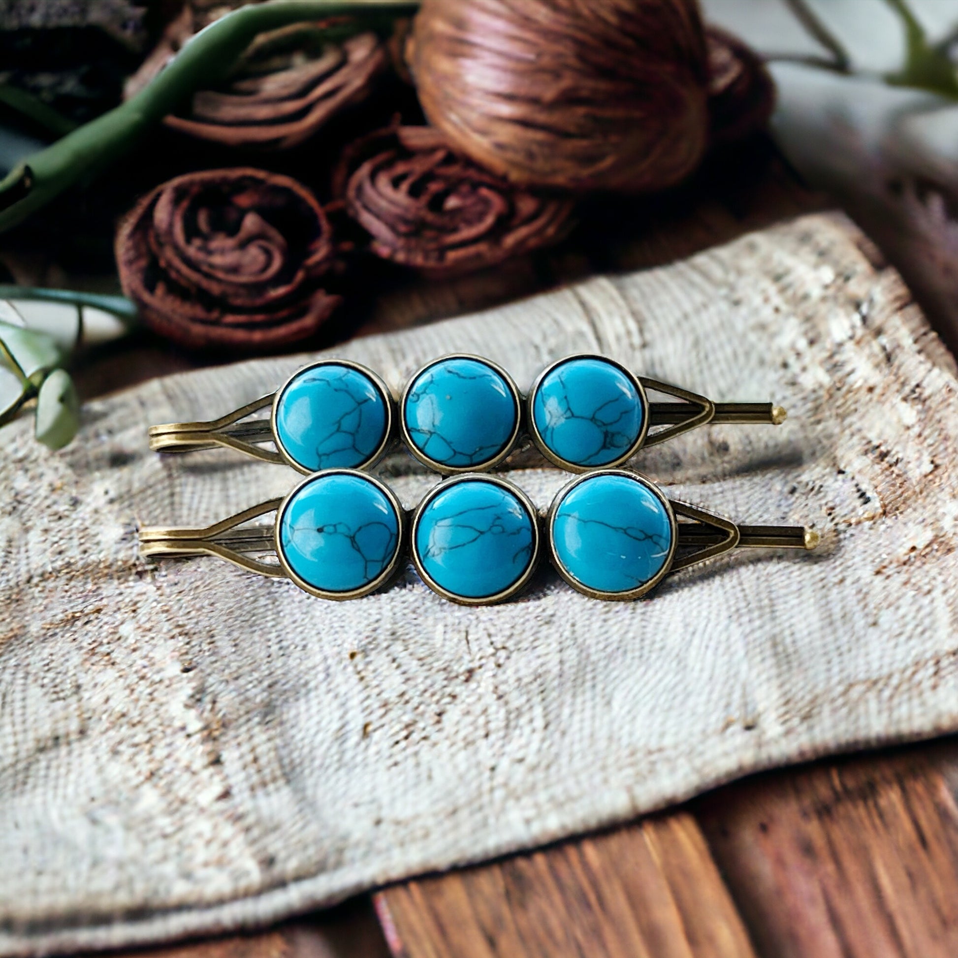 Turquoise Stone Hair Pins – Western Boho Hair Clips with Bronze Setting