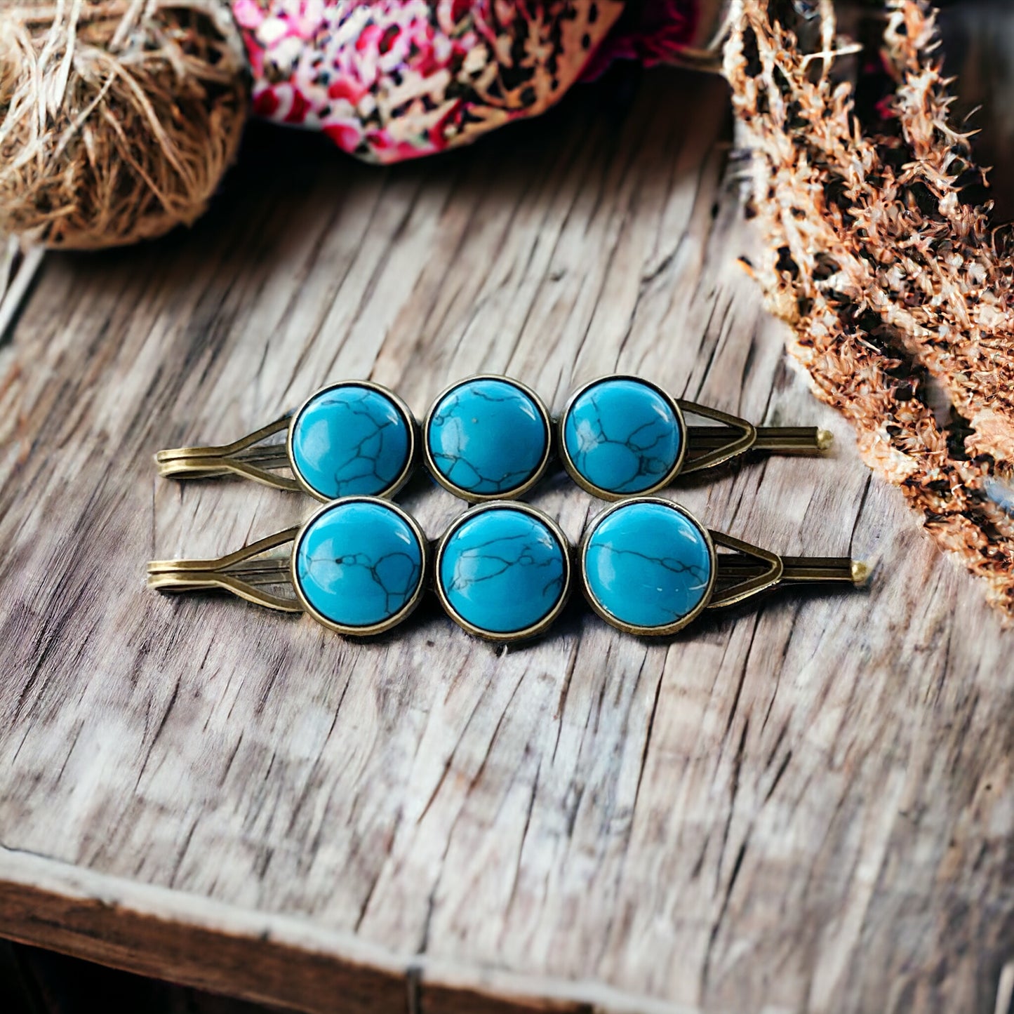 Turquoise Stone Hair Pins – Western Boho Hair Clips with Bronze Setting