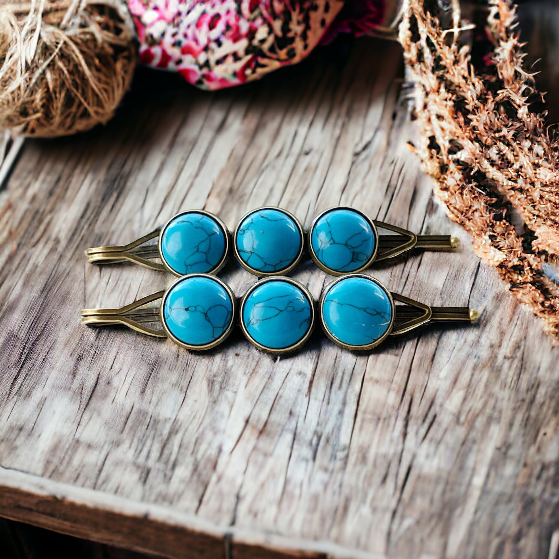 Turquoise Stone Hair Pins – Western Boho Hair Clips with Bronze Setting