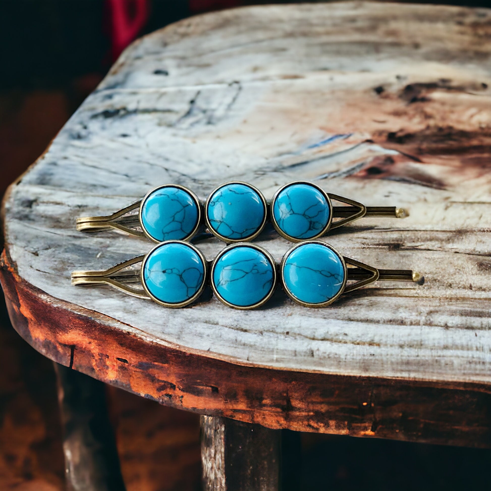 Turquoise Stone Hair Pins – Western Boho Hair Clips with Bronze Setting