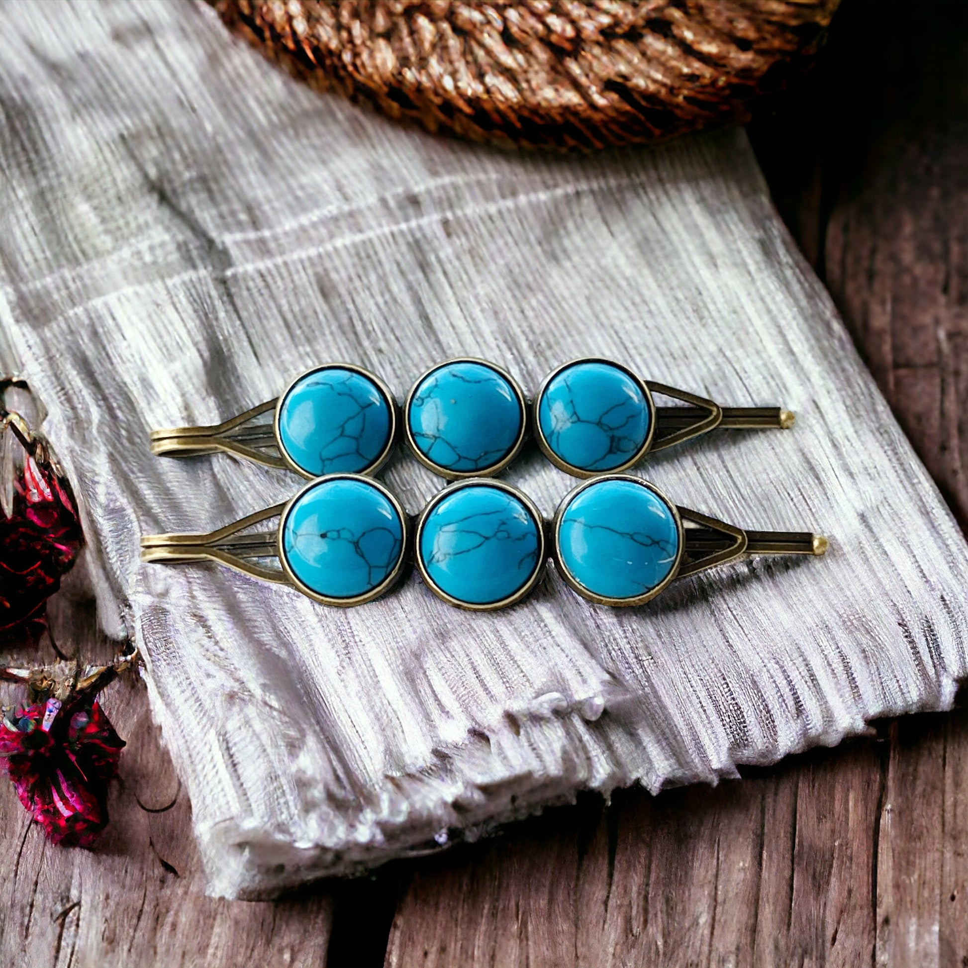 Turquoise Stone Hair Pins – Western Boho Hair Clips with Bronze Setting