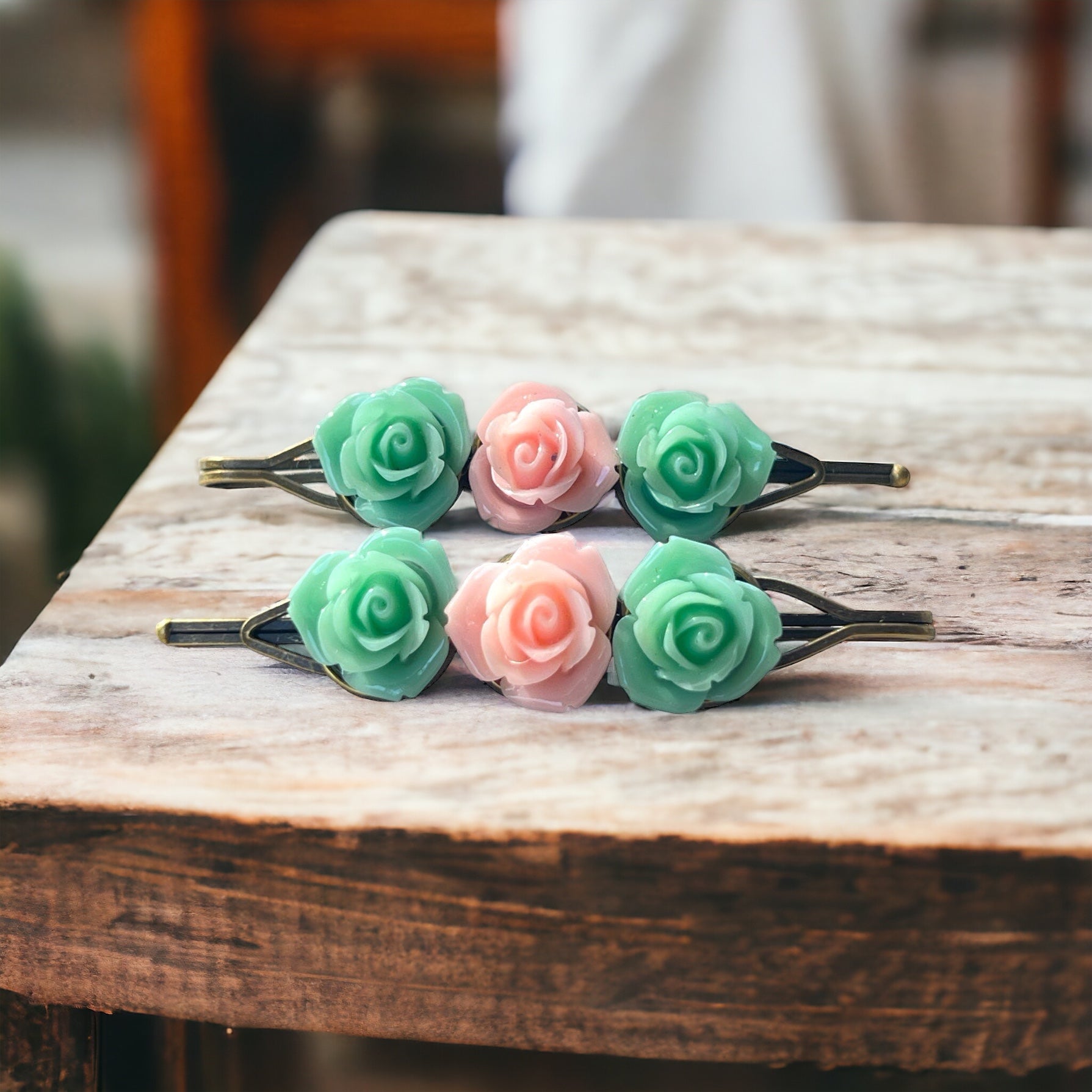 Mint & Blush Rose Hair Pins – Set of 2 Cottagecore Accessories