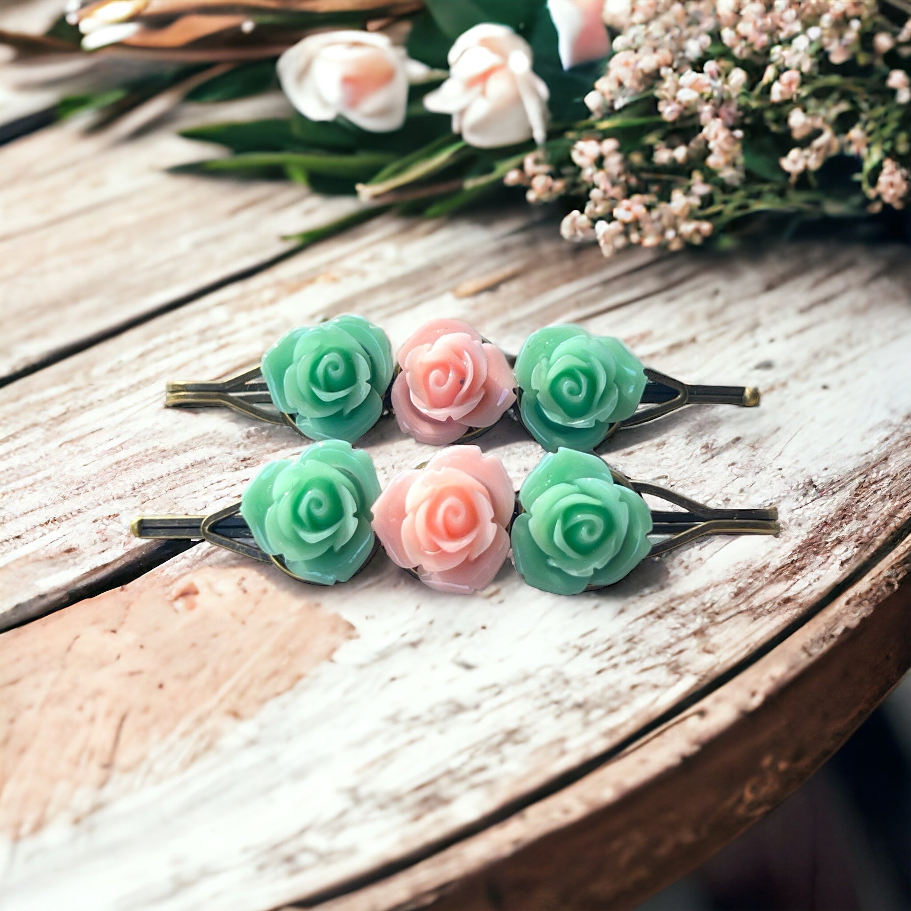 Mint & Blush Rose Hair Pins – Set of 2 Cottagecore Accessories