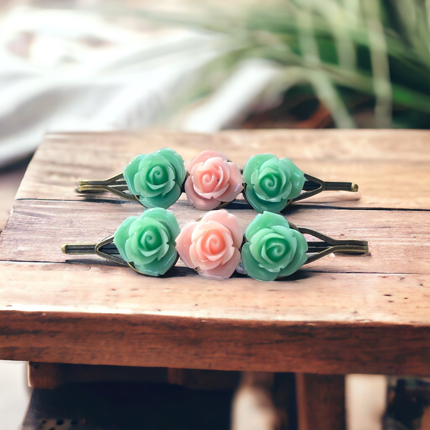 Mint & Blush Rose Hair Pins – Set of 2 Cottagecore Accessories