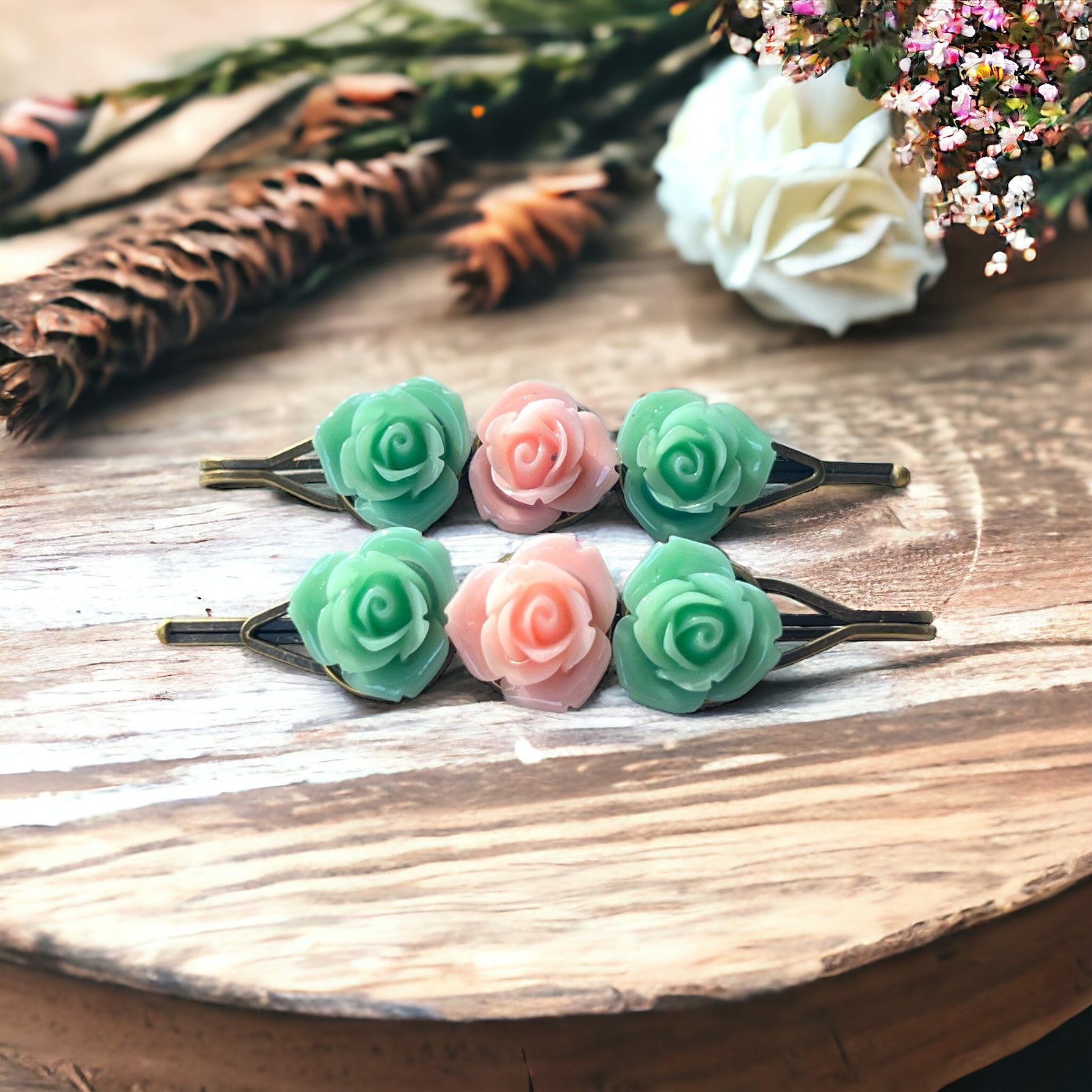 Mint & Blush Rose Hair Pins – Set of 2 Cottagecore Accessories