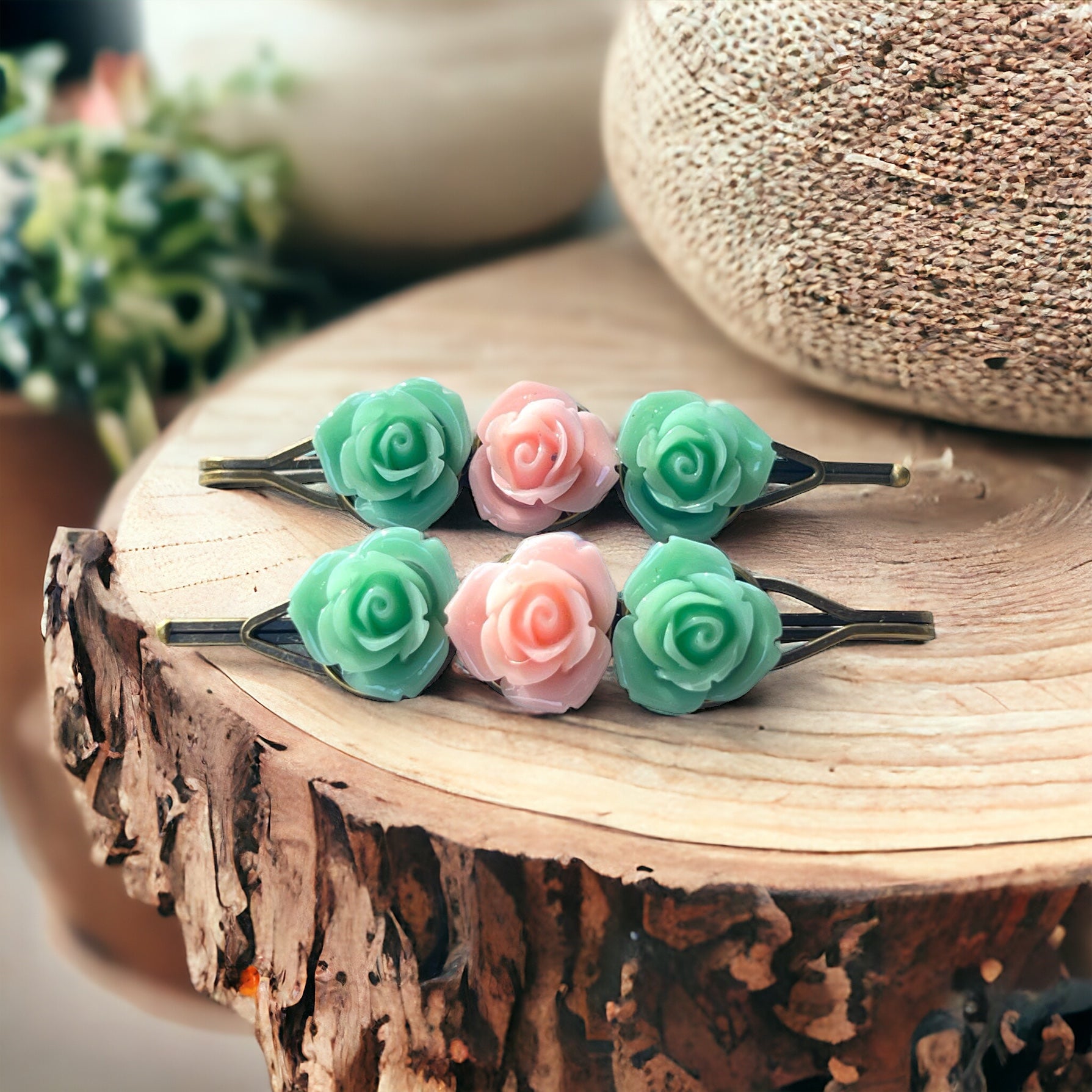 Mint & Blush Rose Hair Pins – Set of 2 Cottagecore Accessories