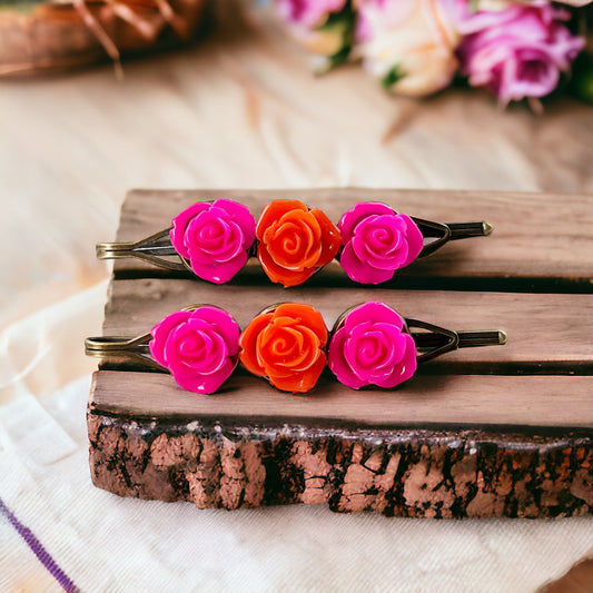 Hot Pink & Orange Rose Hair Pins – Bold Summer Flower Hair Clip Set