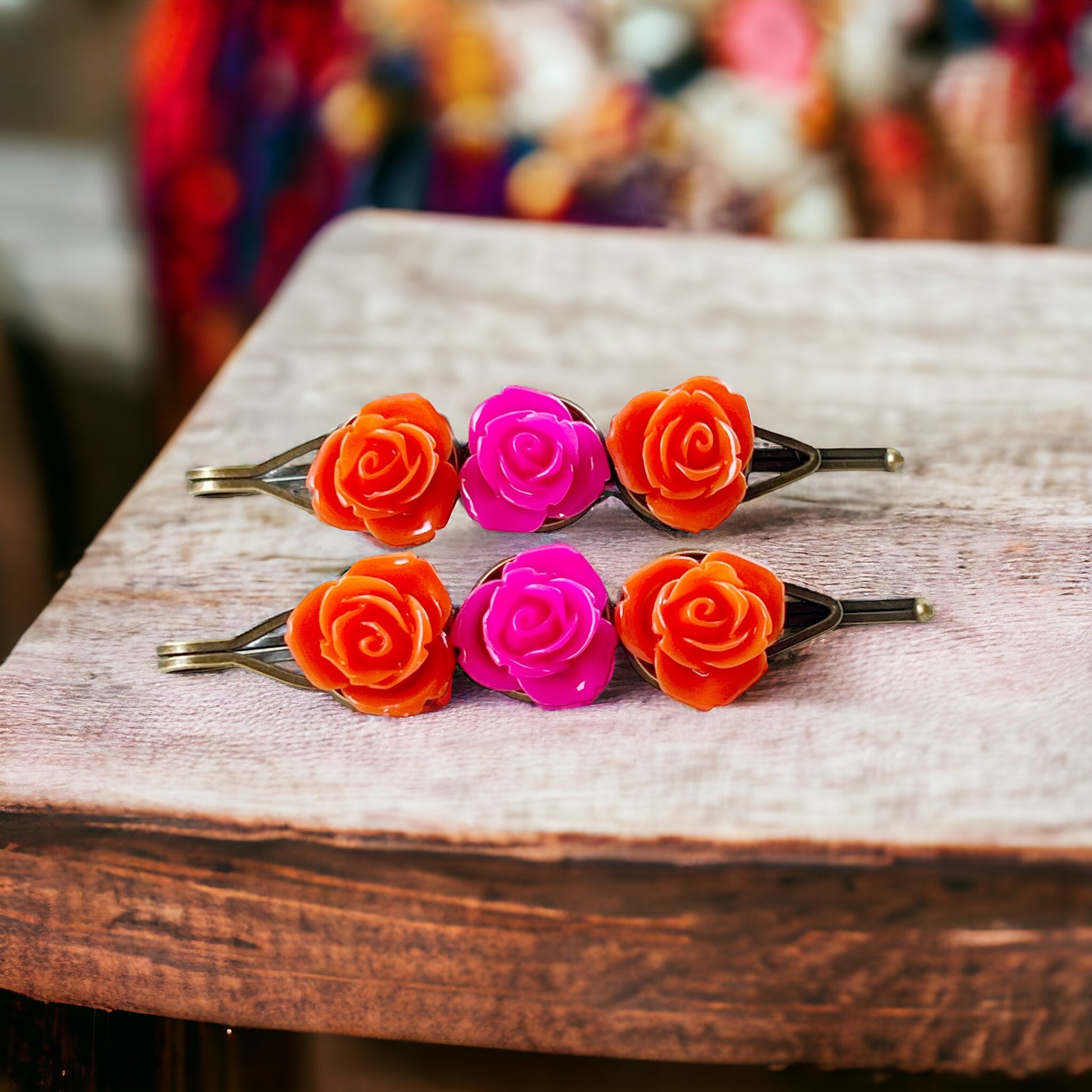Orange & Hot Pink Rose Hair Pins – Bright Floral Hair Accessories Set