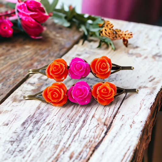 Orange & Pink Rose Flower Hair Pin Set: Vibrant Floral Accents