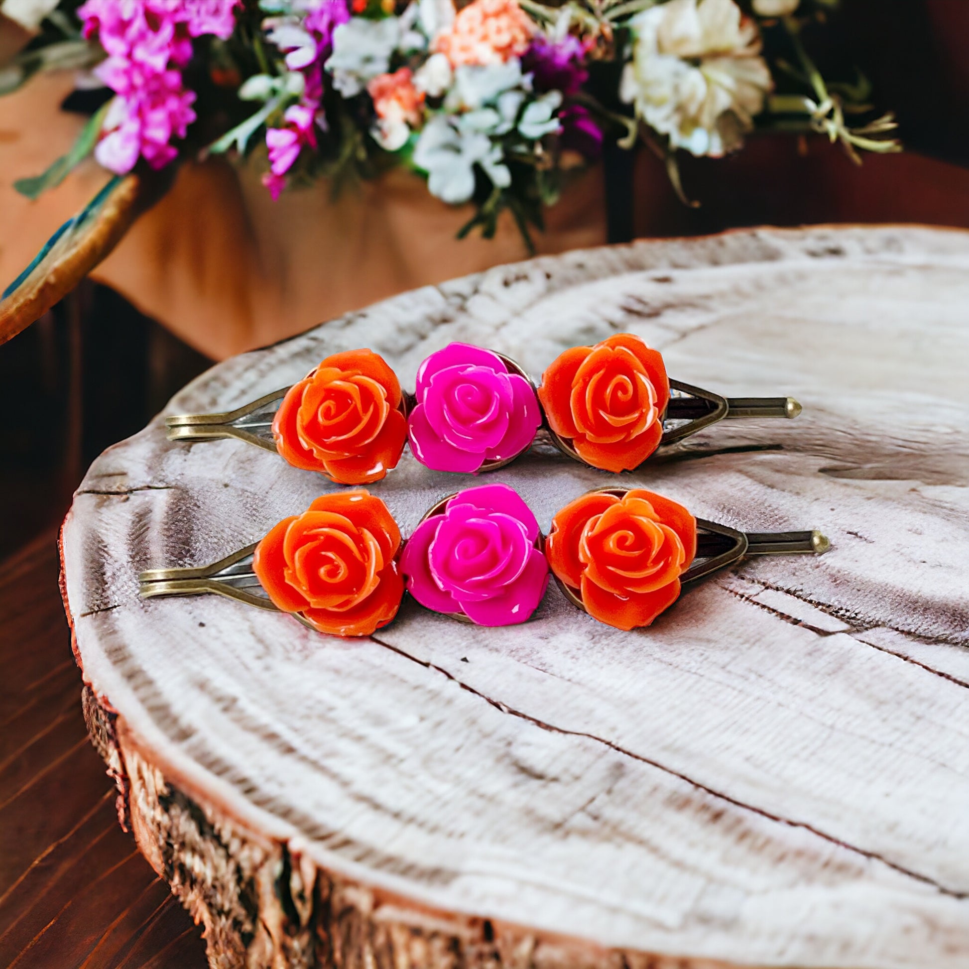 Orange & Hot Pink Rose Hair Pins – Bright Floral Hair Accessories Set