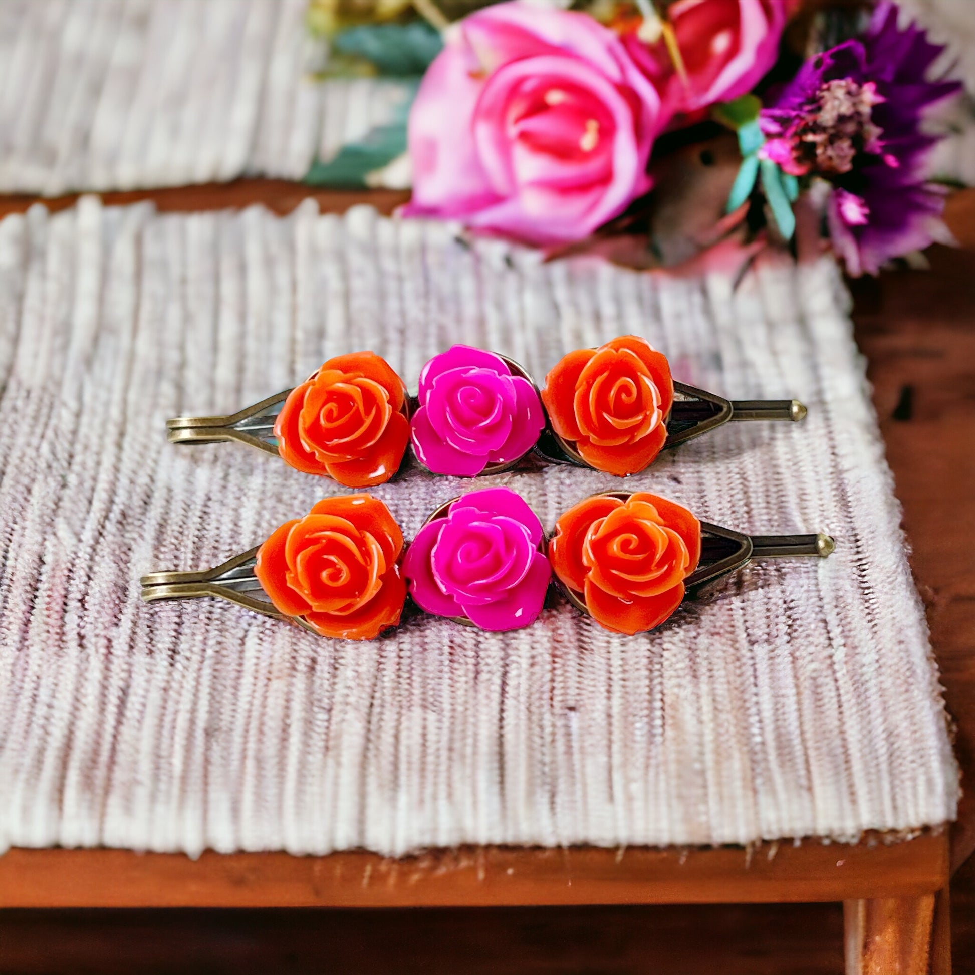 Orange & Hot Pink Rose Hair Pins – Bright Floral Hair Accessories Set