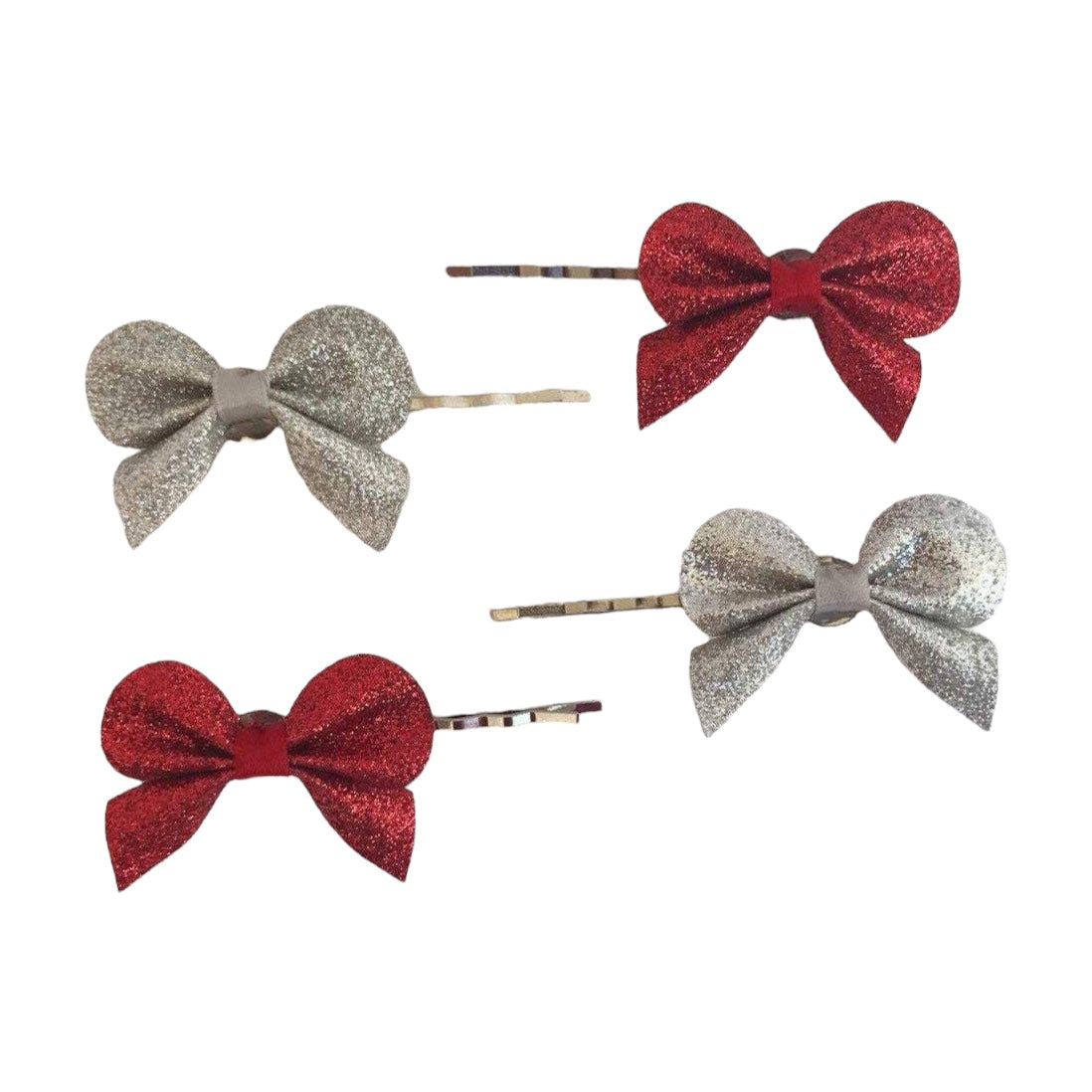 Red & Silver Glitter Bow Hair Pins - Set of 4 Sparkling Accessories