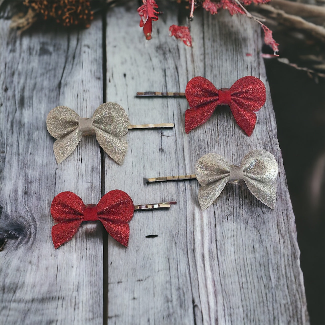 Red & Silver Glitter Bow Hair Pins - Set of 4 Sparkling Accessories