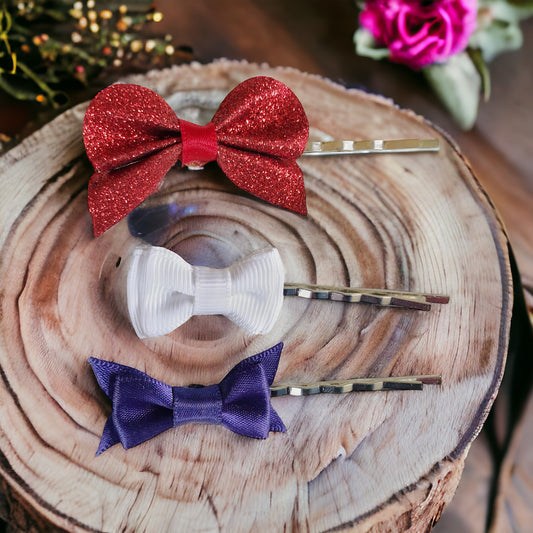 Set of 3 Patriotic Bow Hair Pins: Red, White & Blue Hair Accessories