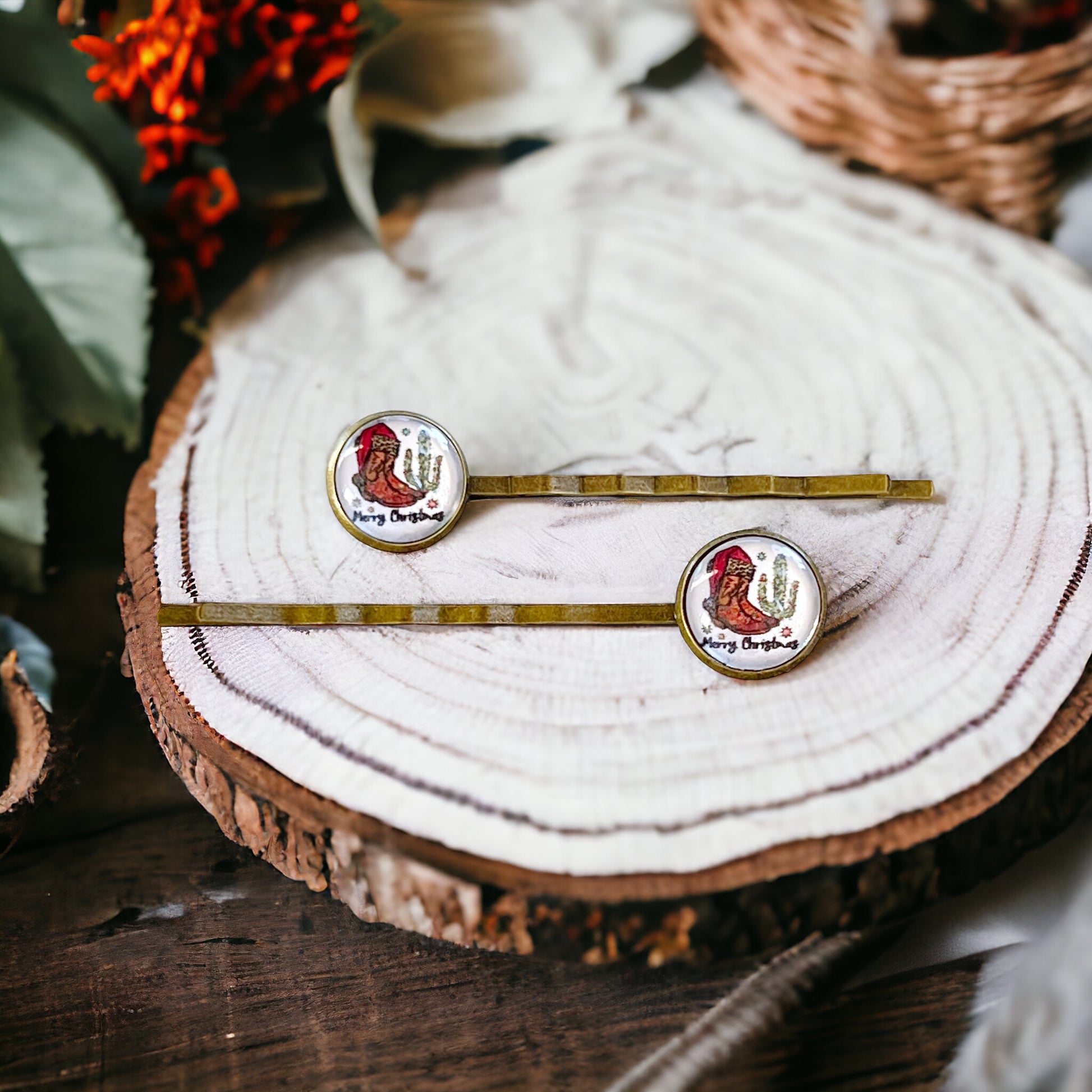 Cowboy Boots & Cactus Christmas Hair Pins - Festive Western-Inspired Accessories