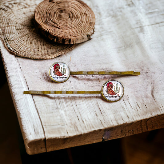 Cowboy Boots & Cactus Christmas Hair Pins - Festive Western-Inspired Accessories