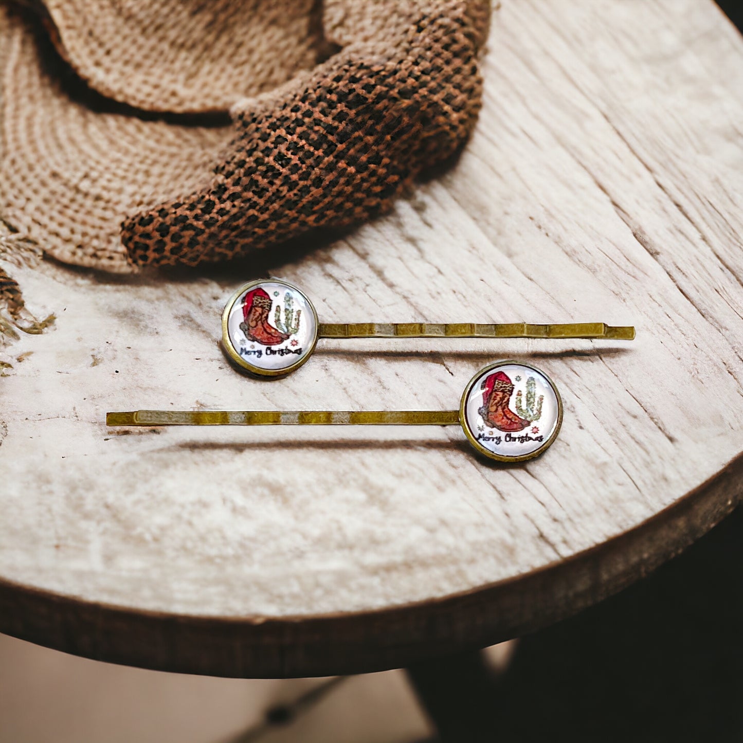 Cowboy Boots & Cactus Christmas Hair Pins - Festive Western-Inspired Accessories