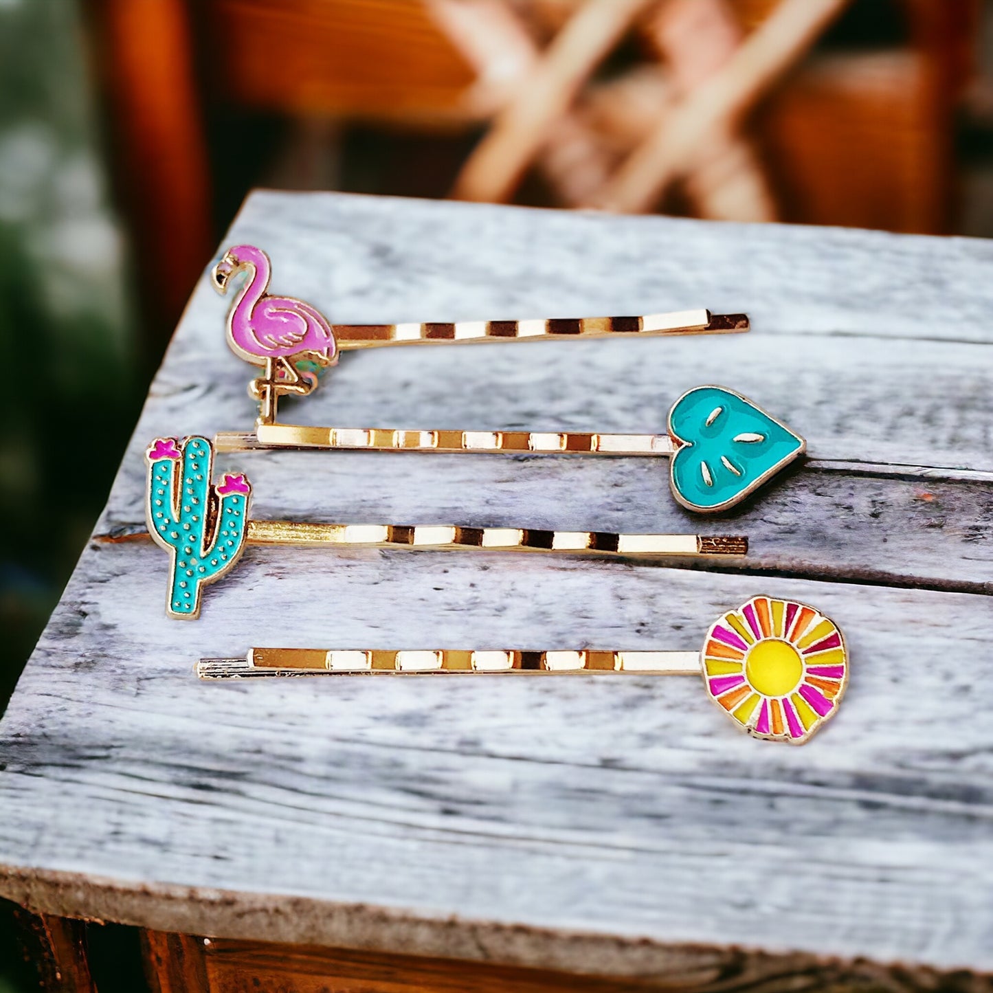 Tropical Vibes Hair Pin Set – Gold Bobby Pins with Flamingo, Cactus & Flower Charms