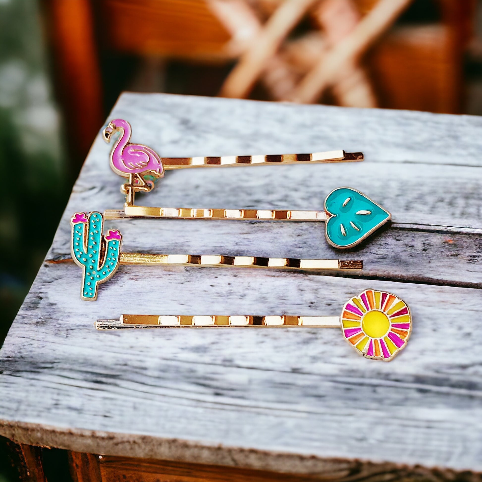 Tropical Vibes Hair Pin Set – Gold Bobby Pins with Flamingo, Cactus & Flower Charms