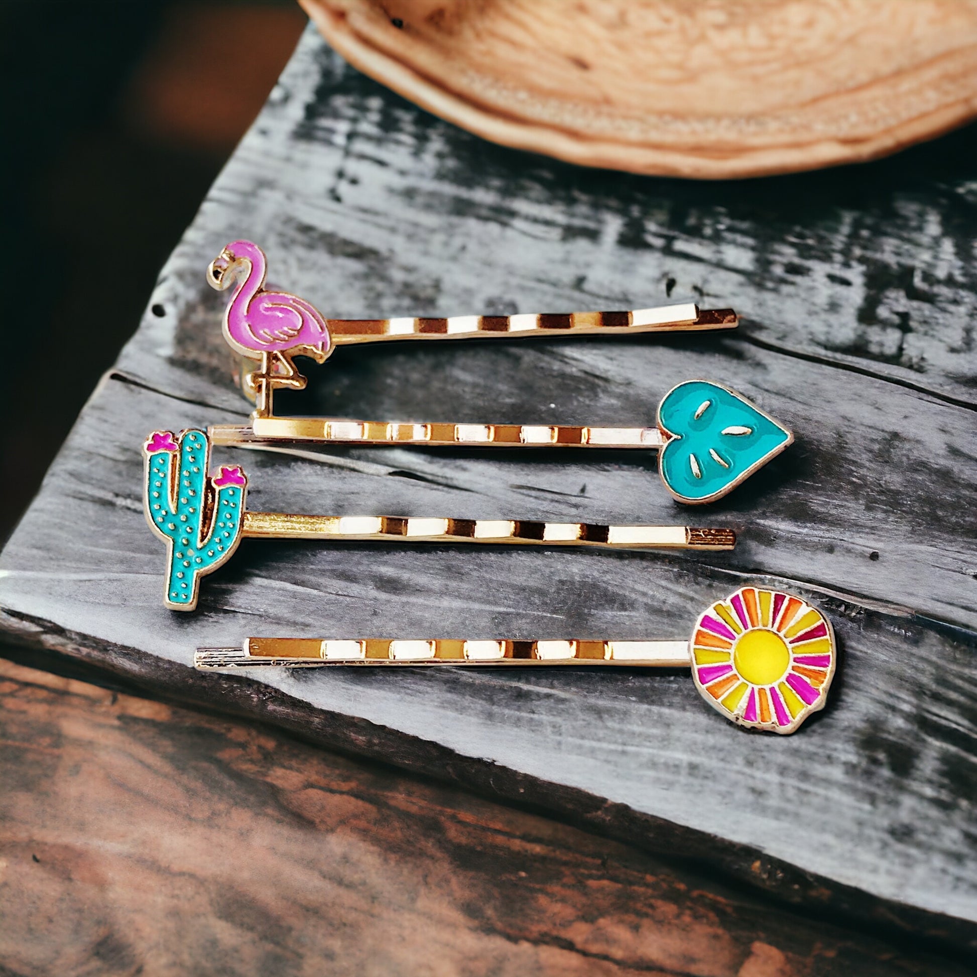 Tropical Vibes Hair Pin Set – Gold Bobby Pins with Flamingo, Cactus & Flower Charms