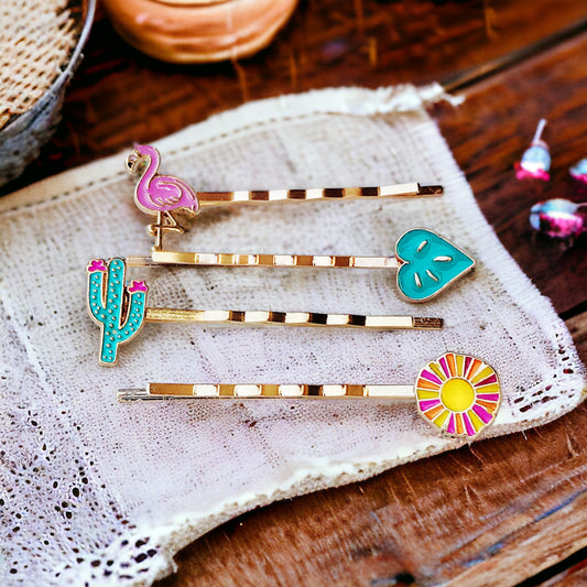 Tropical Vibes Hair Pin Set – Gold Bobby Pins with Flamingo, Cactus & Flower Charms
