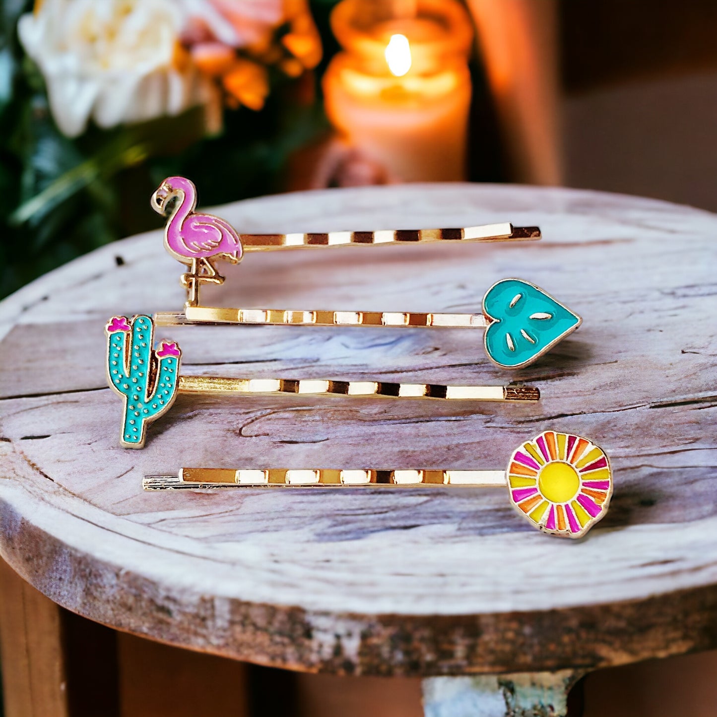 Tropical Vibes Hair Pin Set – Gold Bobby Pins with Flamingo, Cactus & Flower Charms