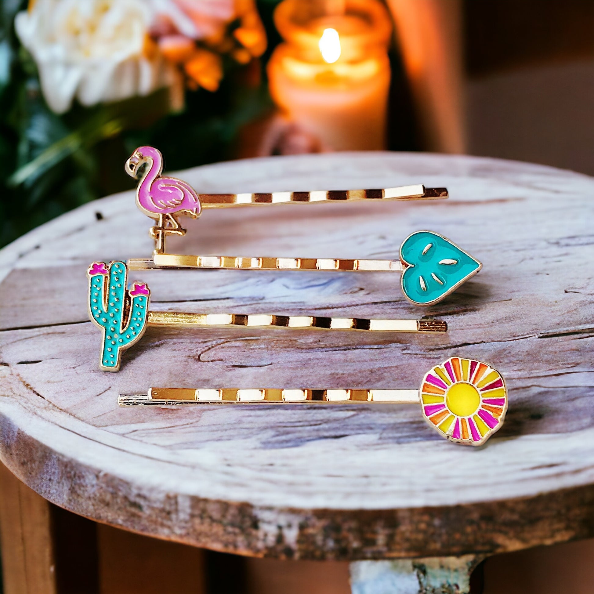 Tropical Vibes Hair Pin Set – Gold Bobby Pins with Flamingo, Cactus & Flower Charms