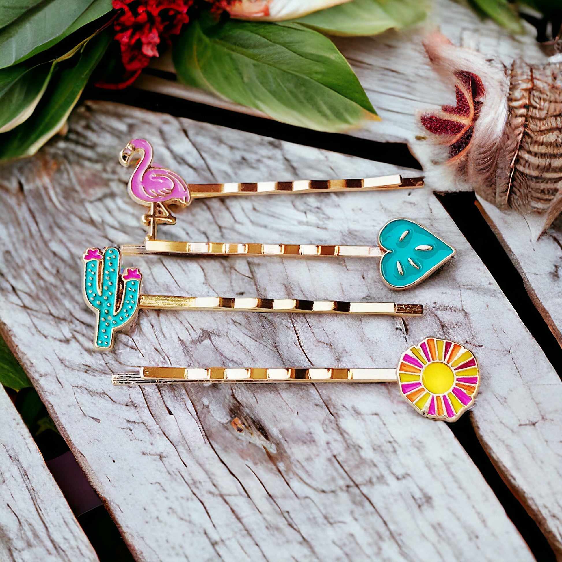 Tropical Vibes Hair Pin Set – Gold Bobby Pins with Flamingo, Cactus & Flower Charms