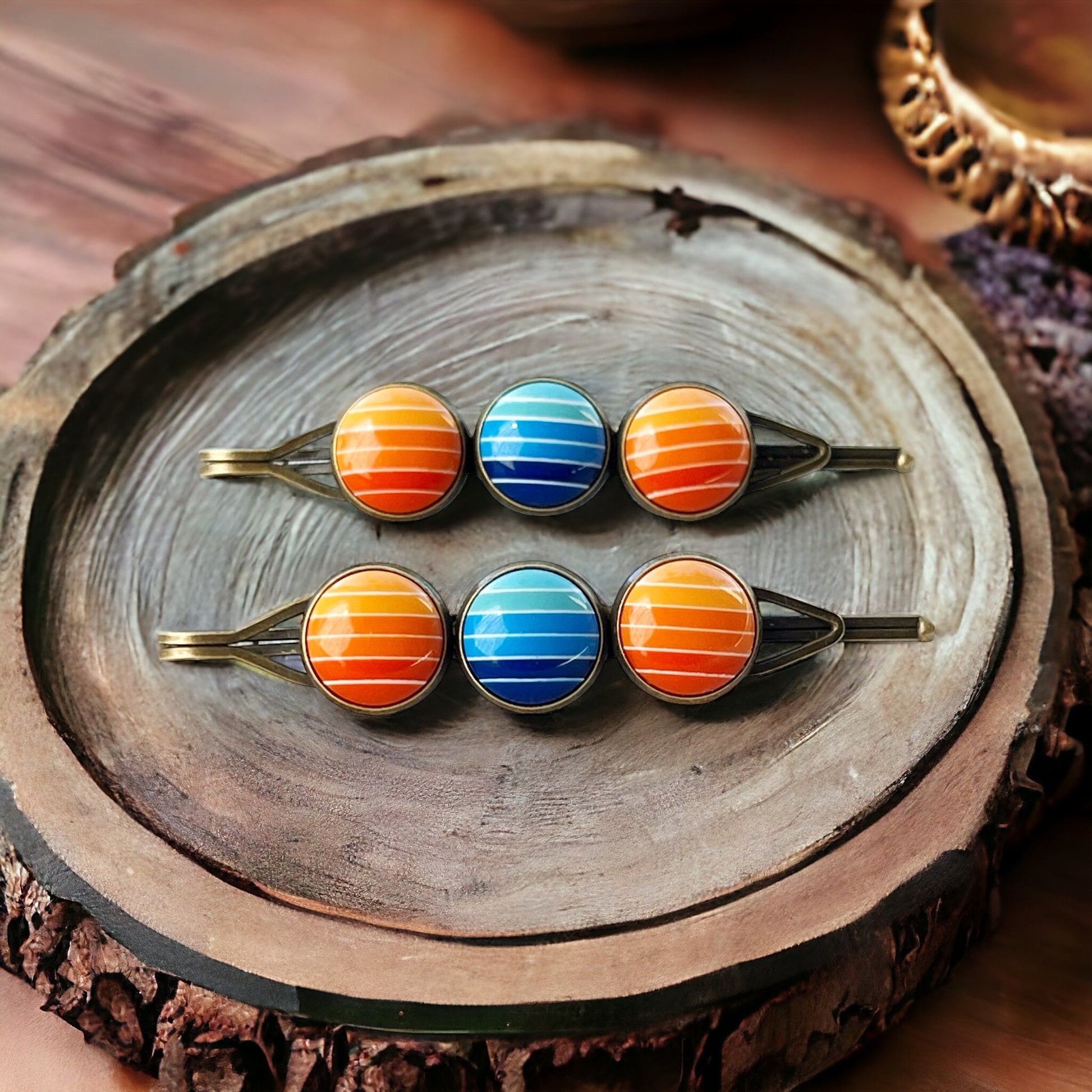 Orange & Blue Gradient Striped Hair Pins: Vibrant Accessories for Stylish Hairdos