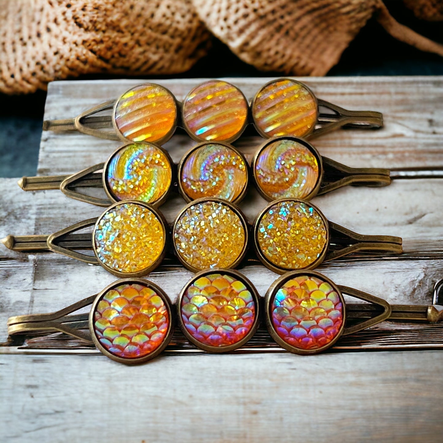 Yellow-Orange Glitter Druzy Hair Pins Set - Set of 4 with Unique Pattern Designs