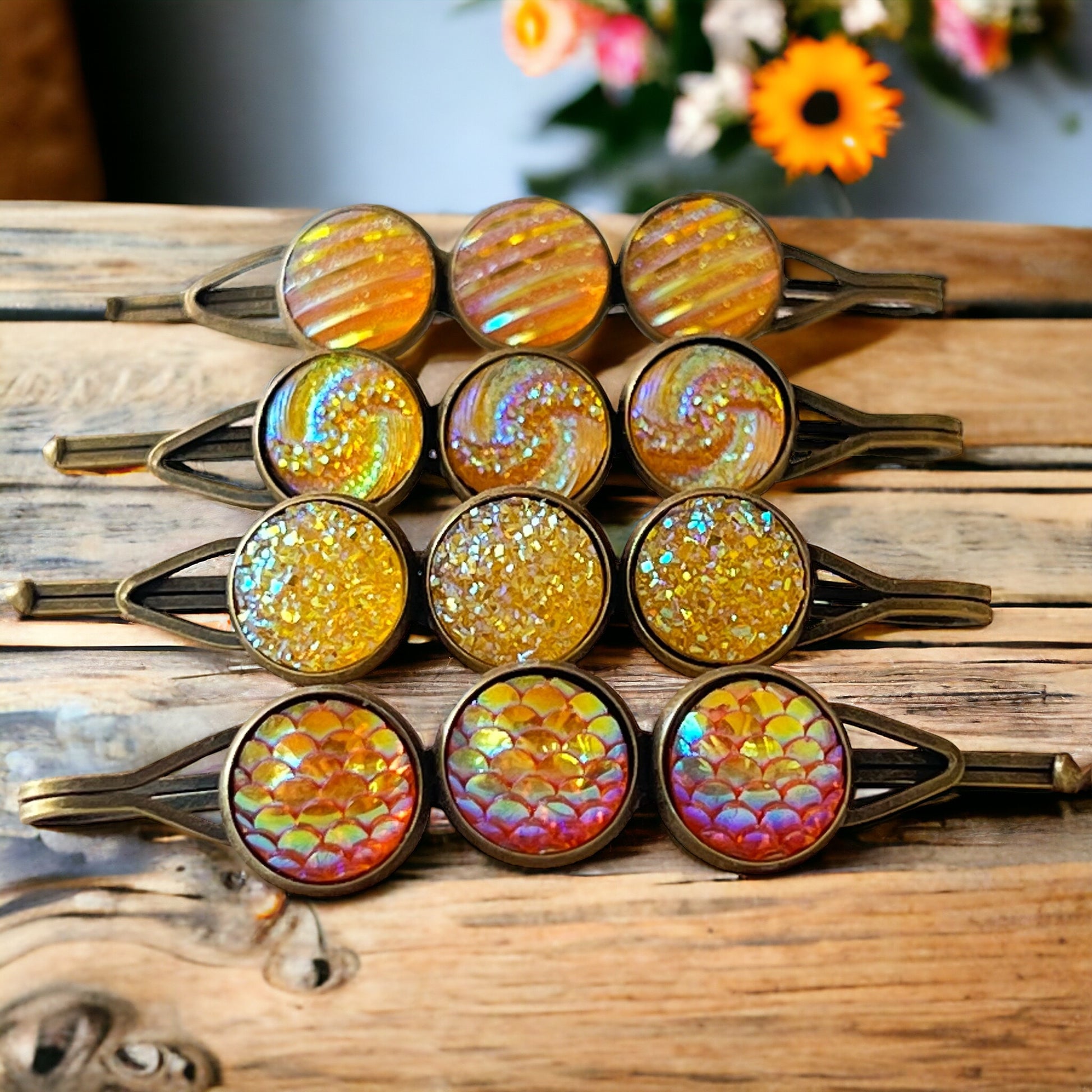 Yellow-Orange Glitter Druzy Hair Pins Set - Set of 4 with Unique Pattern Designs