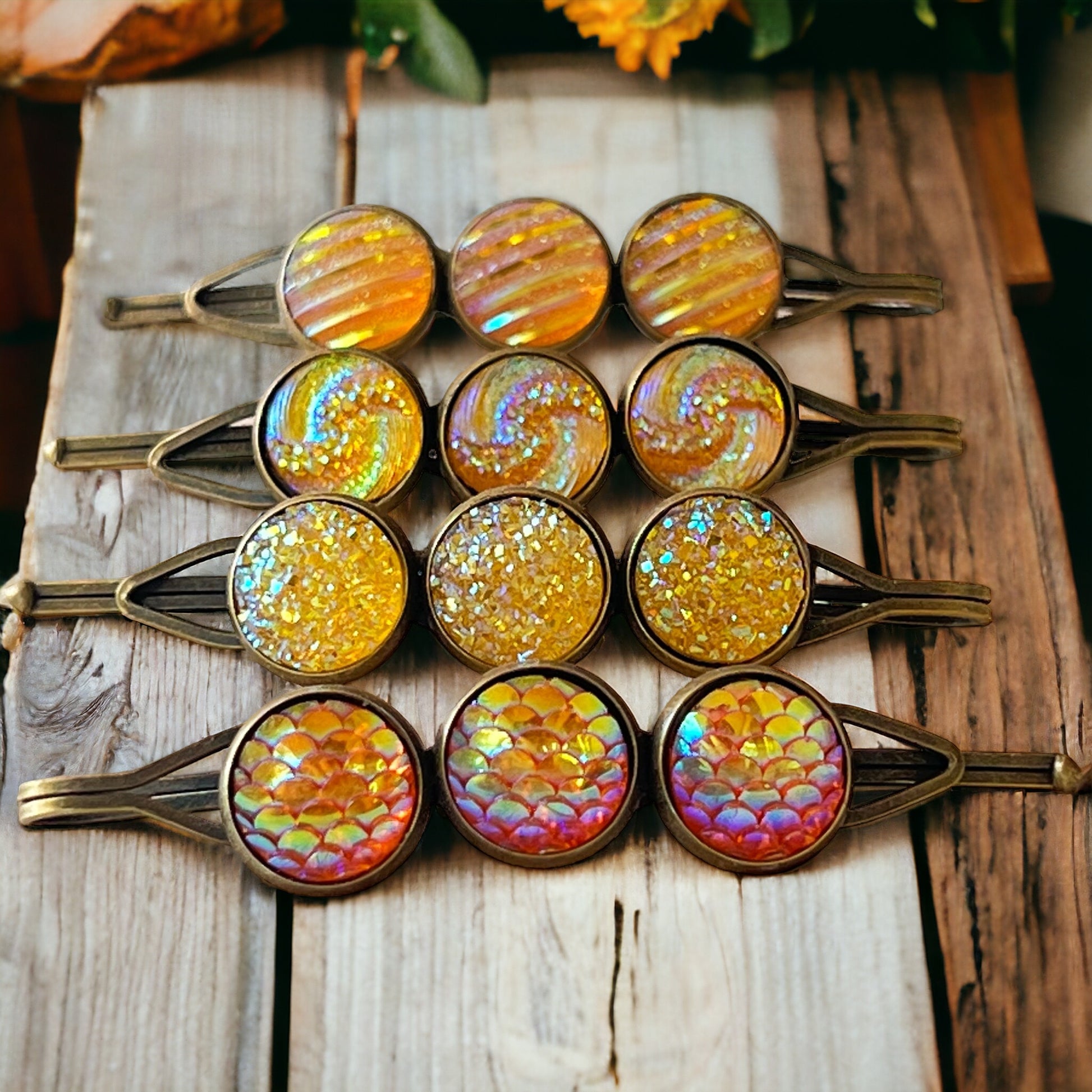 Yellow-Orange Glitter Druzy Hair Pins Set - Set of 4 with Unique Pattern Designs