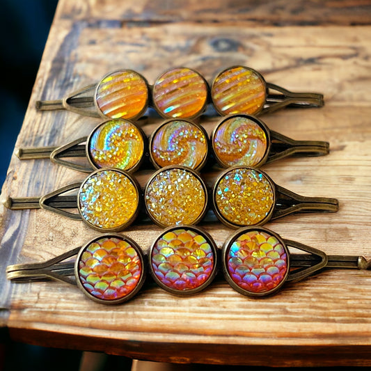 Yellow-Orange Glitter Druzy Hair Pins Set - Set of 4 with Unique Pattern Designs