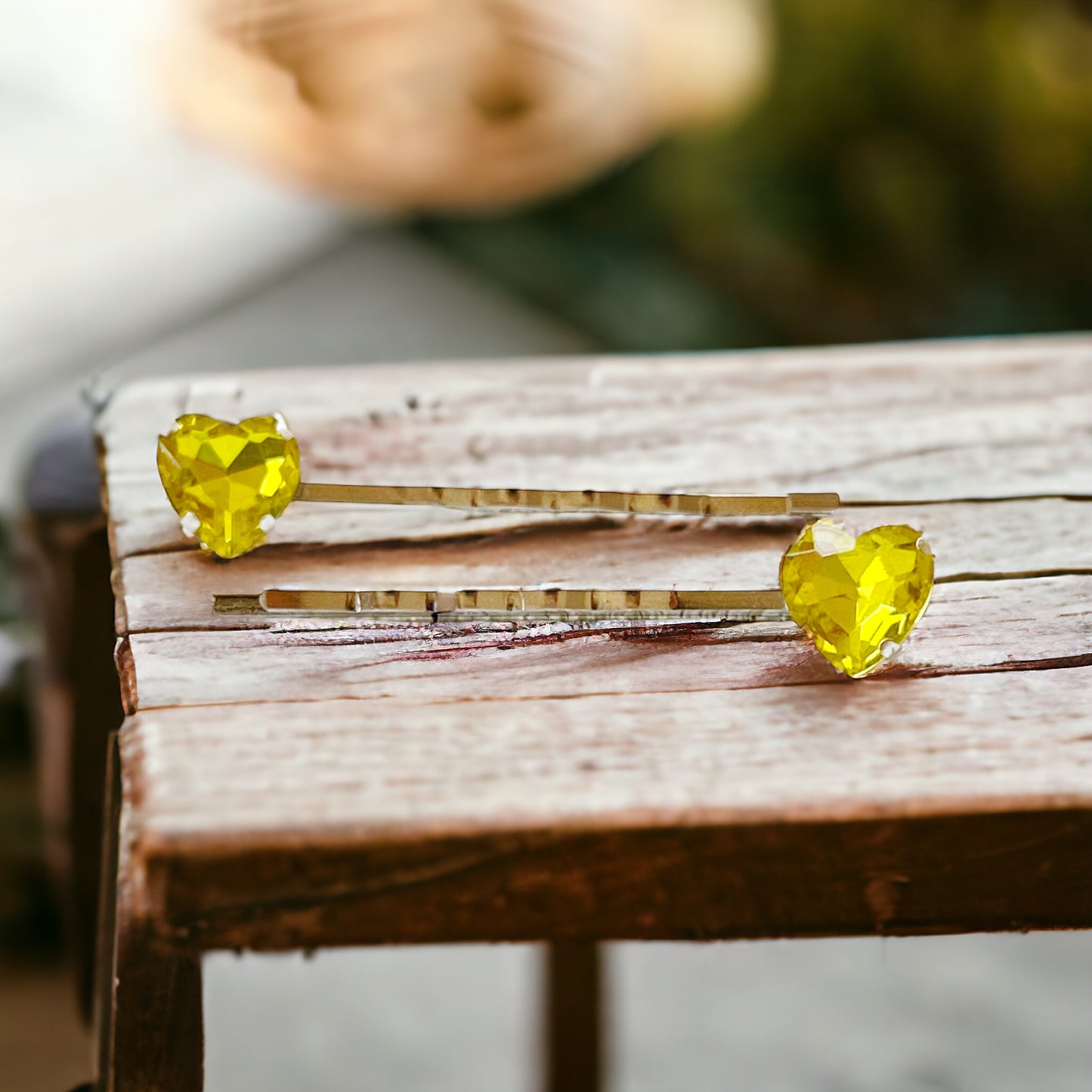 Yellow Rhinestone Heart Silver Hair Pins: Sparkling Romantic Accents