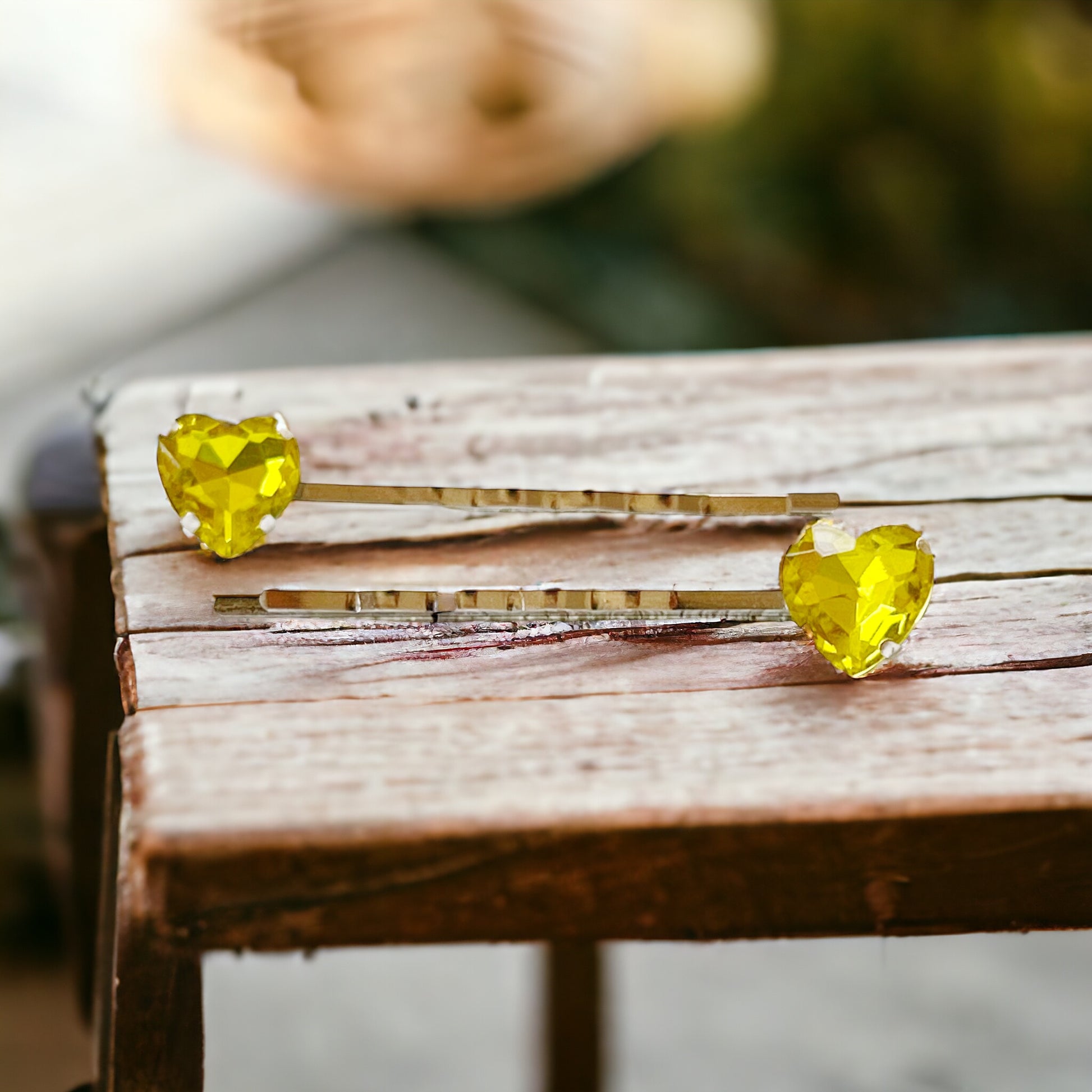 Yellow Rhinestone Heart Silver Hair Pins: Sparkling Romantic Accents